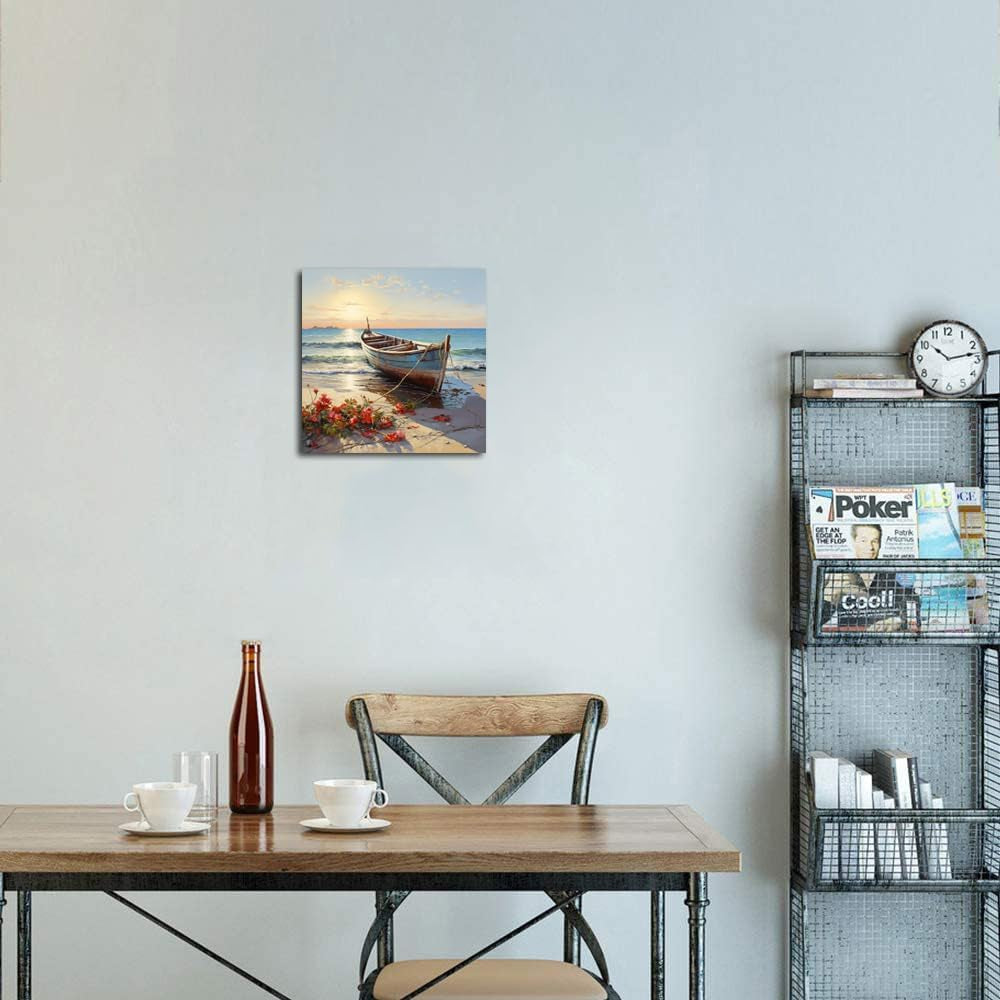 Boat Wall Art Coastal Bathroom Wall Decor Beach Framed Painting 12X12 Inch