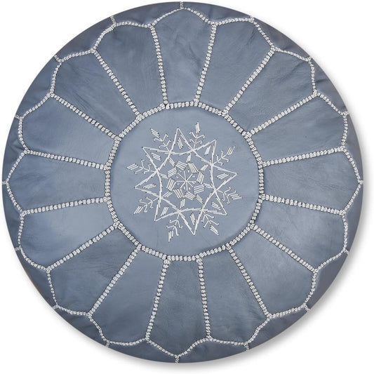 Premium Moroccan Leather Pouf - Handmade - Delivered Stuffed - Ottoman, Footstool, Floor Cushion (Grey)