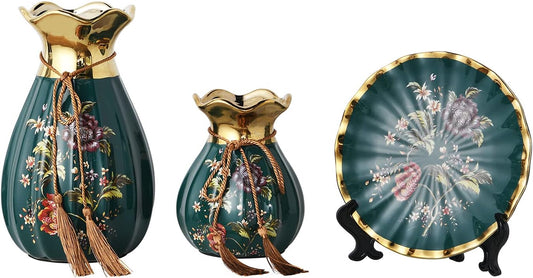 Ceramic Vases Set of 3 for Home Decor, Chinese Classical and Gorgeous Pottery Vase, Flower