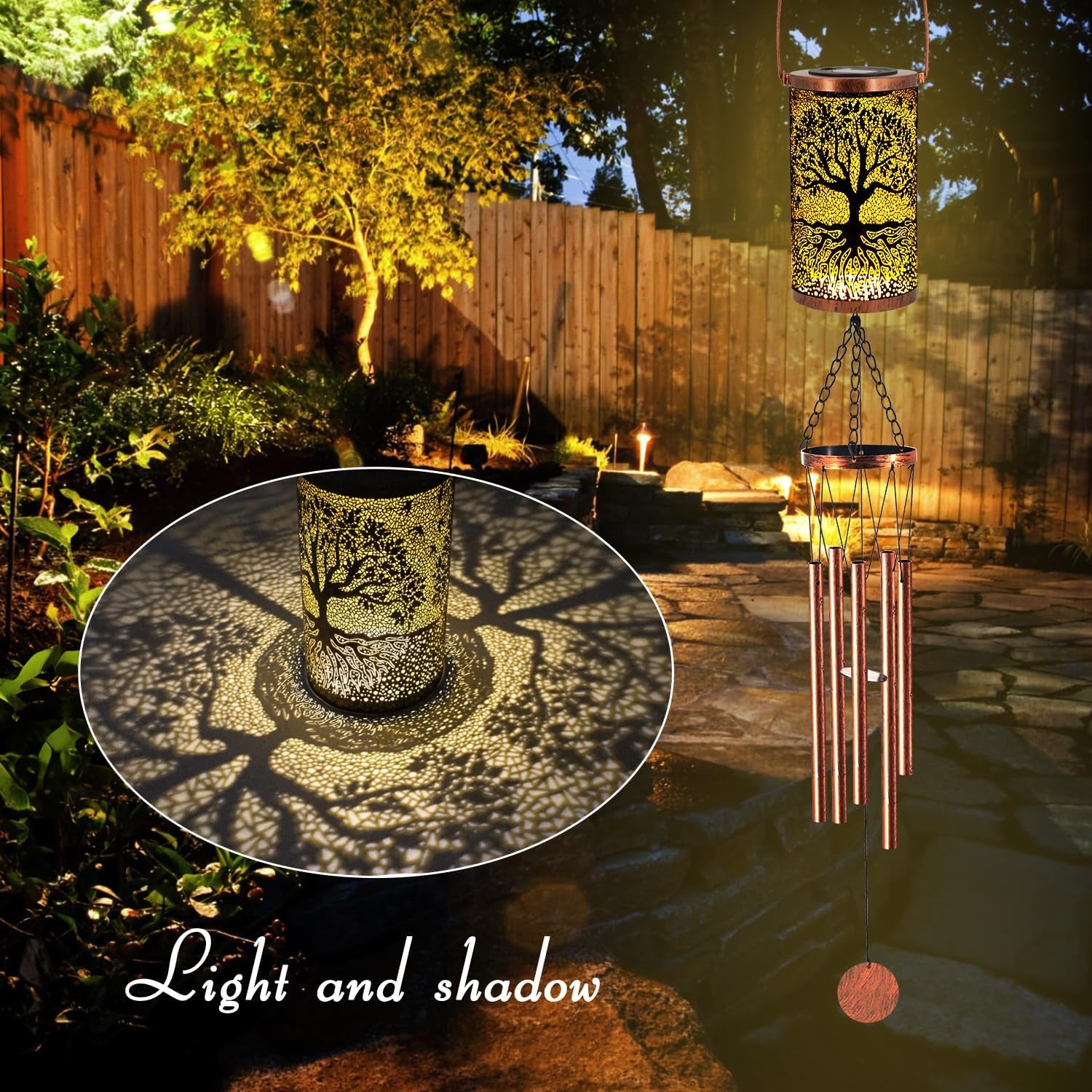 36" Solar Wind Chimes Hanging Lights Outdoor Detachable Led Lantern Metal Wind Chimes for outside Unique Tree Life Garden Hanging Solar Decorative as Gift for Mom Women Grandma (Bronze)