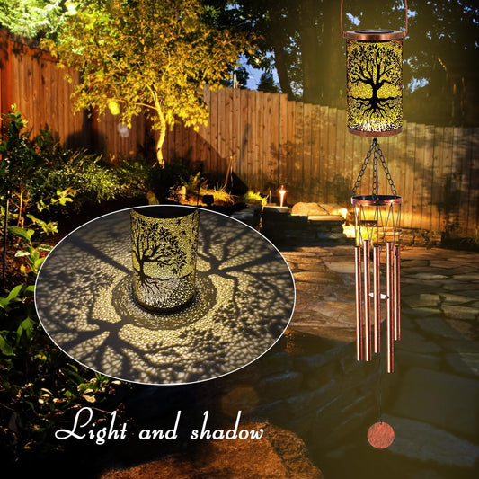36" Solar Wind Chimes Hanging Lights Outdoor Detachable Led Lantern Metal Wind Chimes for outside Unique Tree Life Garden Hanging Solar Decorative as Gift for Mom Women Grandma (Bronze)