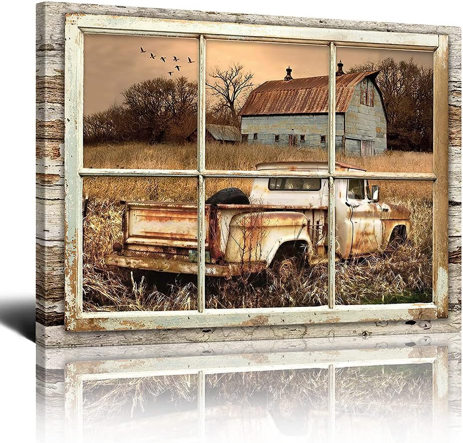 Rustic Old Barn Wall Art Beautiful Barn and Rustic Truck at Sunset through Wooden Window Frame Wall Art for Farmhouse Decor Modern House Wall Art Rustic Retro Canvas Wall Art 20X24 Inch