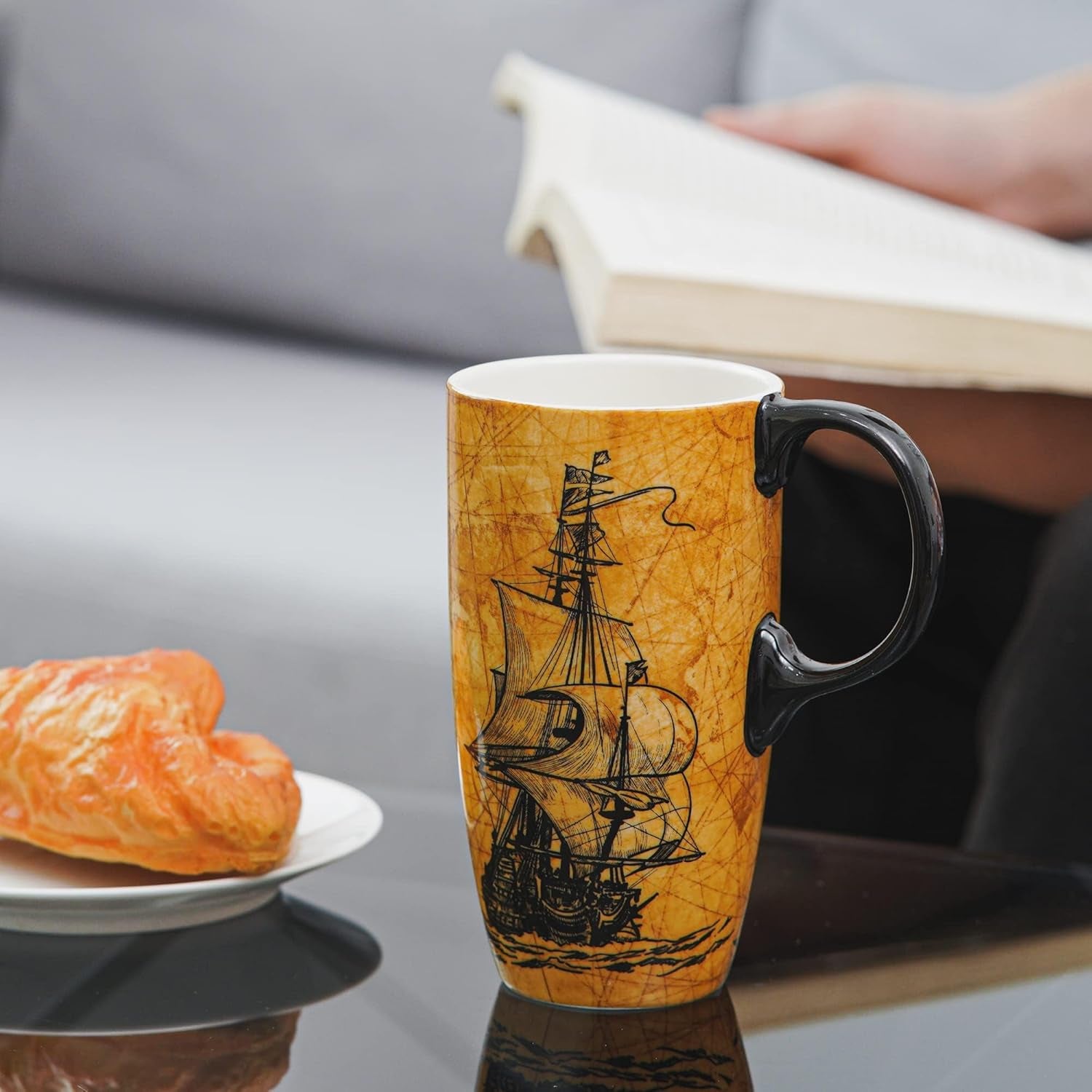 Coffee Ceramic Mug Porcelain Latte Tea Cup with Lid 17Oz, Novelty Coffee Mugs for Men Women Office & Home Sailboat