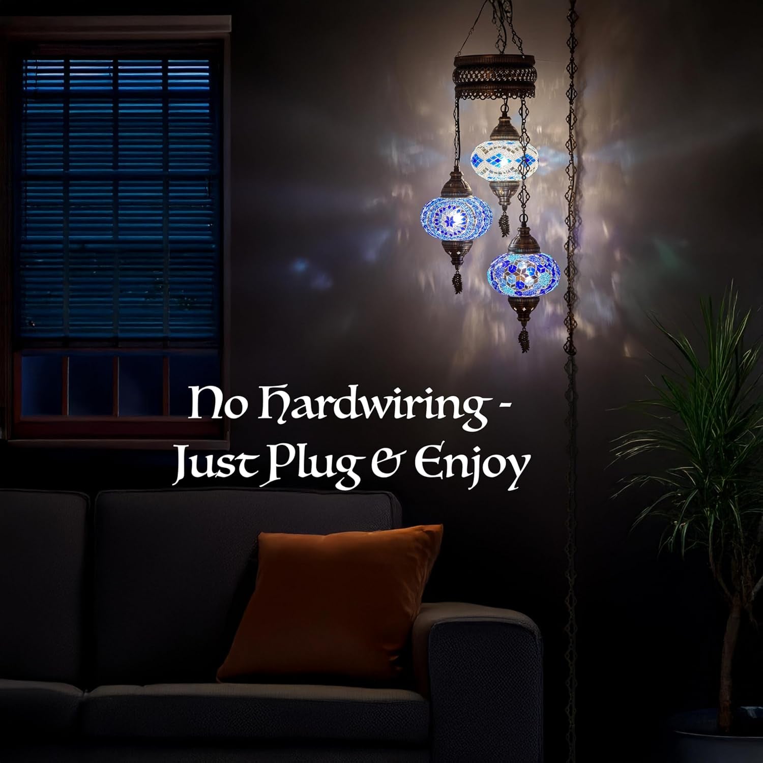 3-Large 7'' Globes Turkish Moroccan Mosaic Plug-In Chandelier - Handmade Pendant Light Fixture with 15-Ft Cord & Chain, Decorative Bohemian Hanging Ceiling Lamp for Living Room, Bedroom, 3.5 Ft