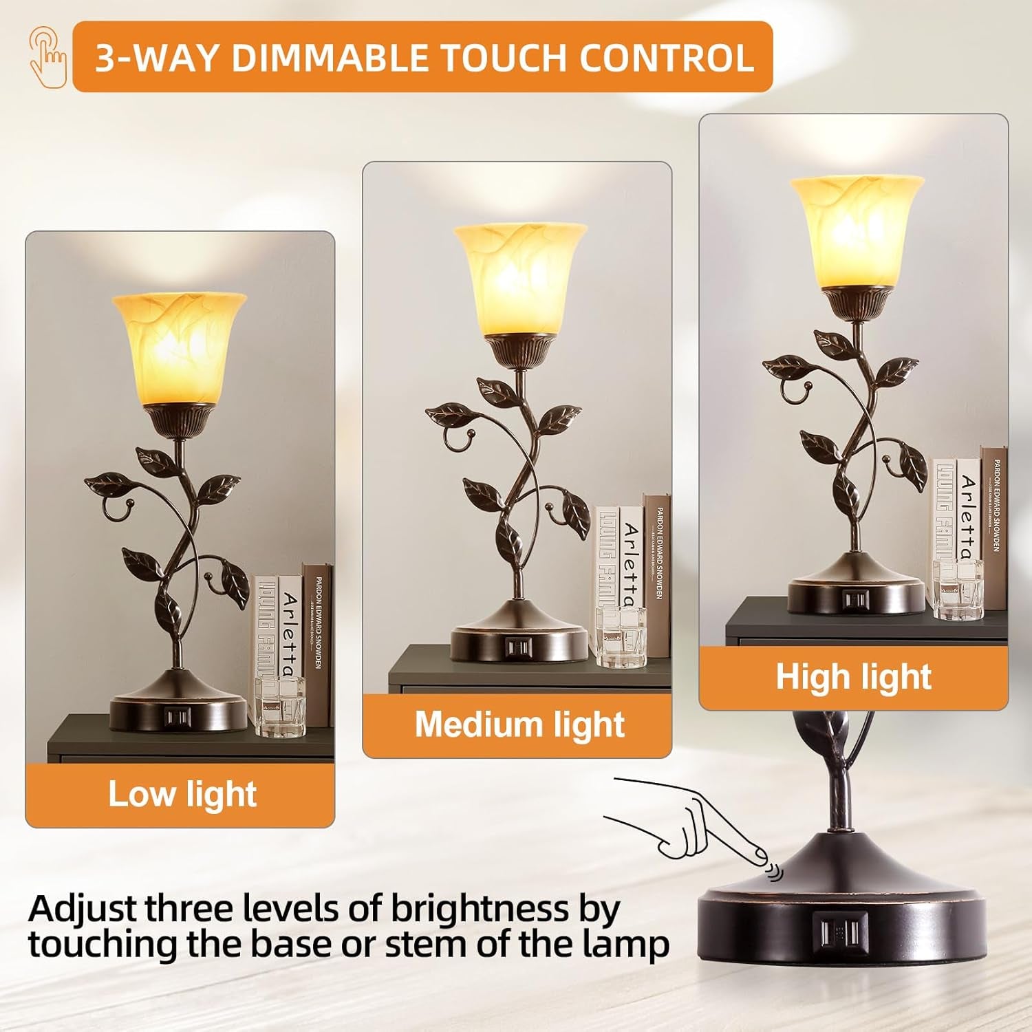 Touch Control Table Lamp with 2 USB Charging Ports, 3-Way Dimmable Bedside Nightstand Lamps, Amber Glass Shade Vintage Rural Leaf Lamp for Living Room, Bedroom, Dresser, LED Bulb Included (Bronze)