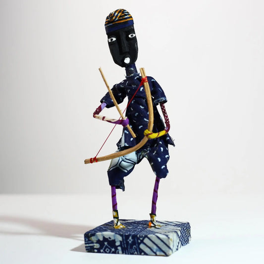 African Wire Archer Figurine Handmade Tribal Sculpture Textile Art Bow Decor Colorful Warrior Character Craft Display-1232