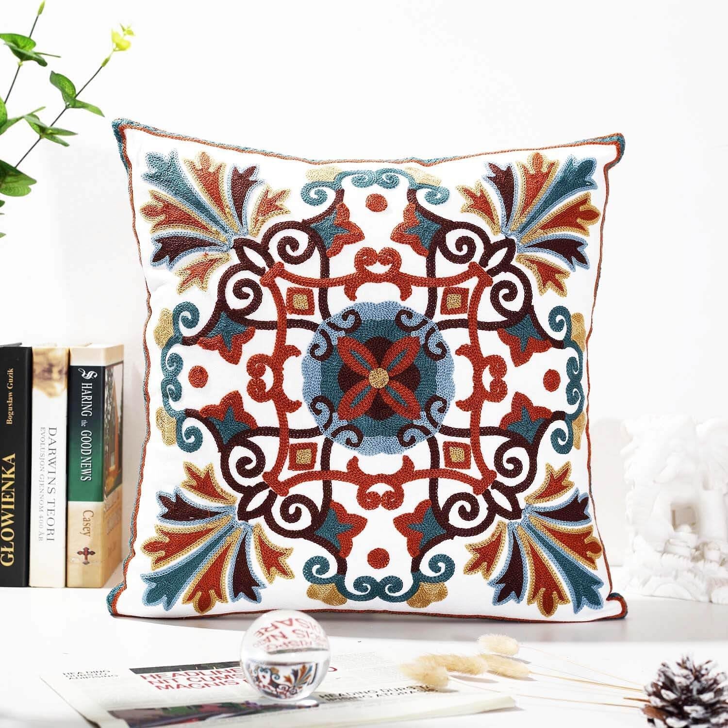 Decorative Couch Pillow Covers for Living Room 18X18 Inches Set of 2 Embroidered Pattern Square Throw Pillows Case Cover for Sofa Bed Chair