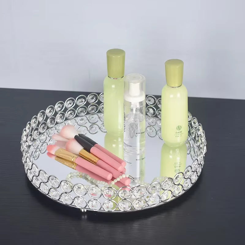 Crystal Decoratiive Mirror Tray round Plate Luxury Serving Tray Table Metal Makeup Storage Dishes Wedding Trinket Decoration