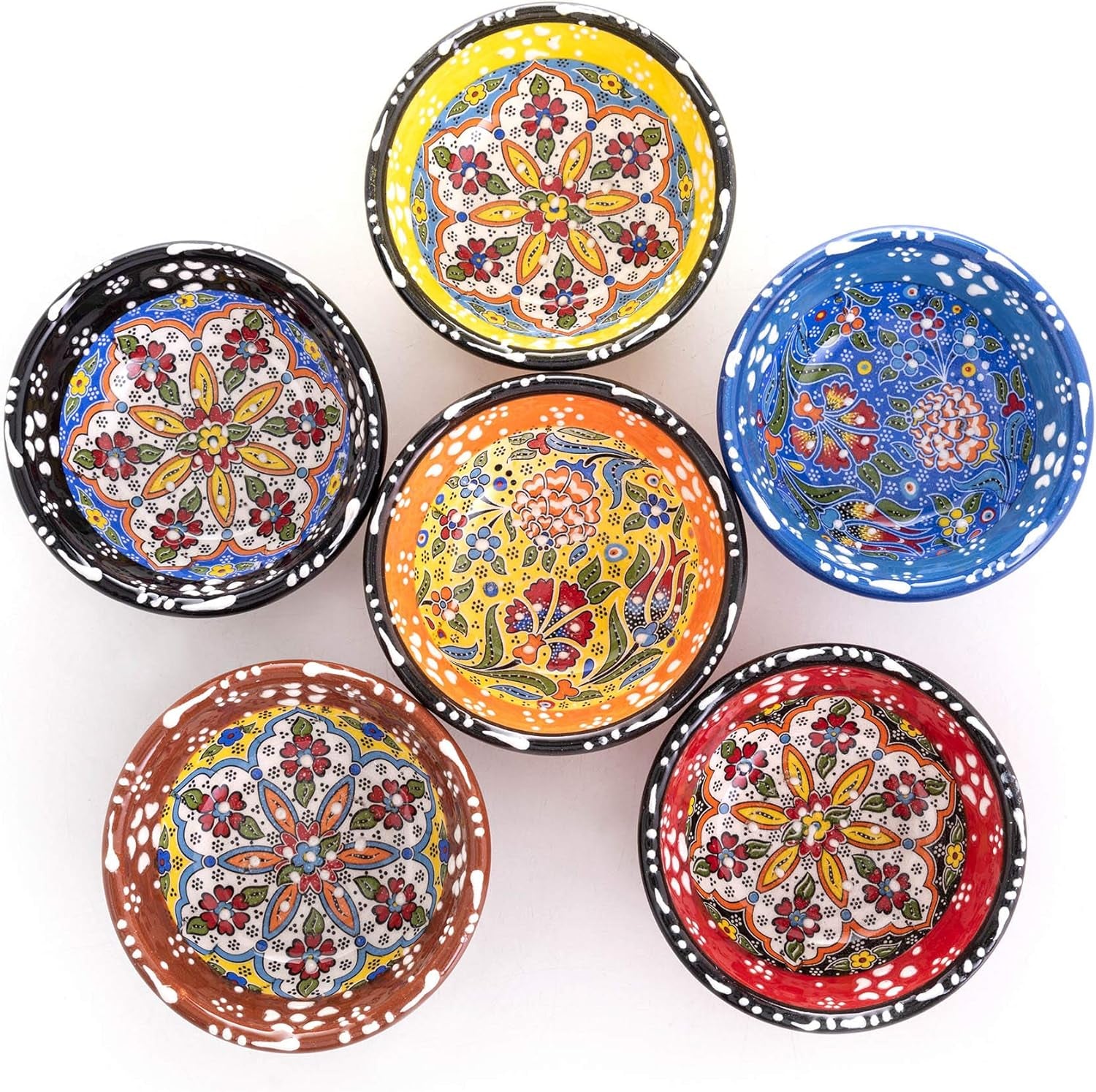 Decorative Turkish Ceramic Bowl Set of 6 Serving-Handcrafted(3.14''- 8Cm) 2.5Oz Pinch Sauce Multicolor Dipping Finger Small Serving Charcuterie Bowls