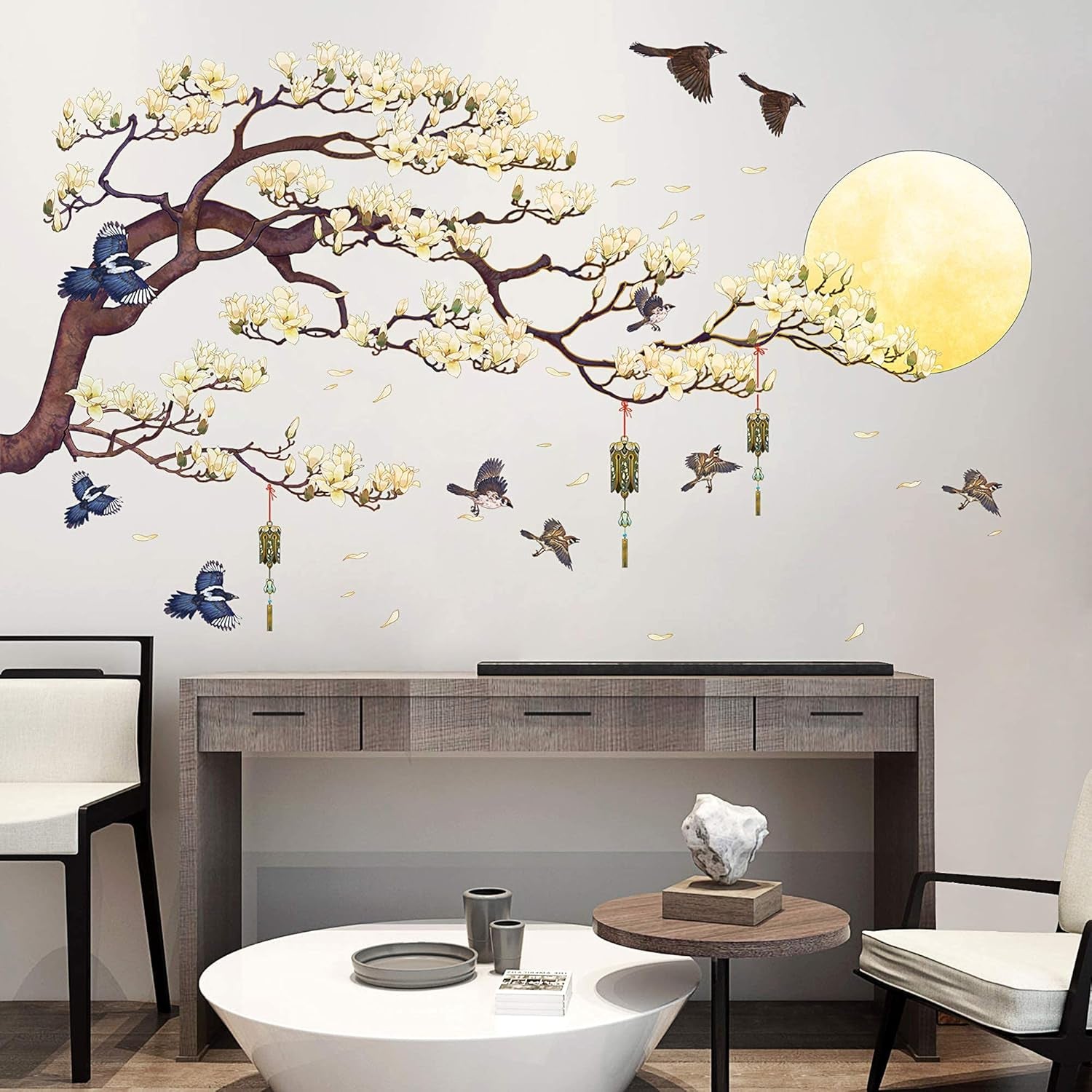 RW-1005 White Magnolia Tree Branch Flying Birds Wall Stickers Peel and Stick 3D DIY Moon Wall Decals Removable Wind Chimes Art Wall Murals for Kids Offices Home Walls Bedroom Decaoration