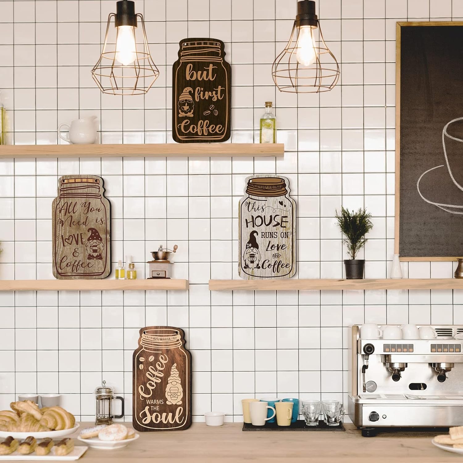 4 Pieces Coffee Bar Sign Wall Decor Farmhouse Wood Gnomes Coffee Sign Wall Hanging Plaque but First Coffee Table Plaque for Cafes Supplies