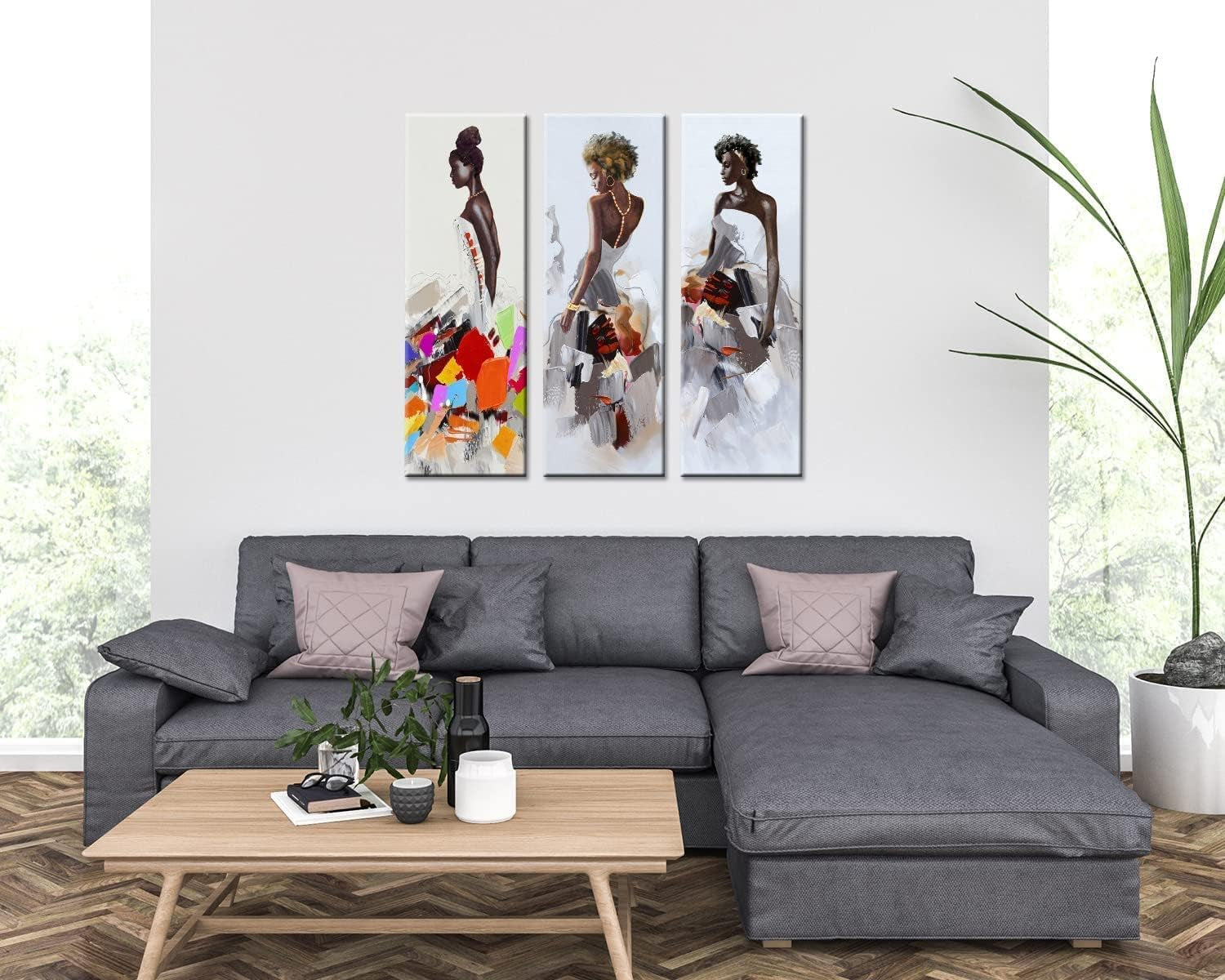 Art Framed African American Black Art Dancing Black Women in Dress Wall Art Painting on Canvas Pirnt Wall Picture for Home Accent Living Room Wall Decor (8 X 24 Inch, SET of ABC)…
