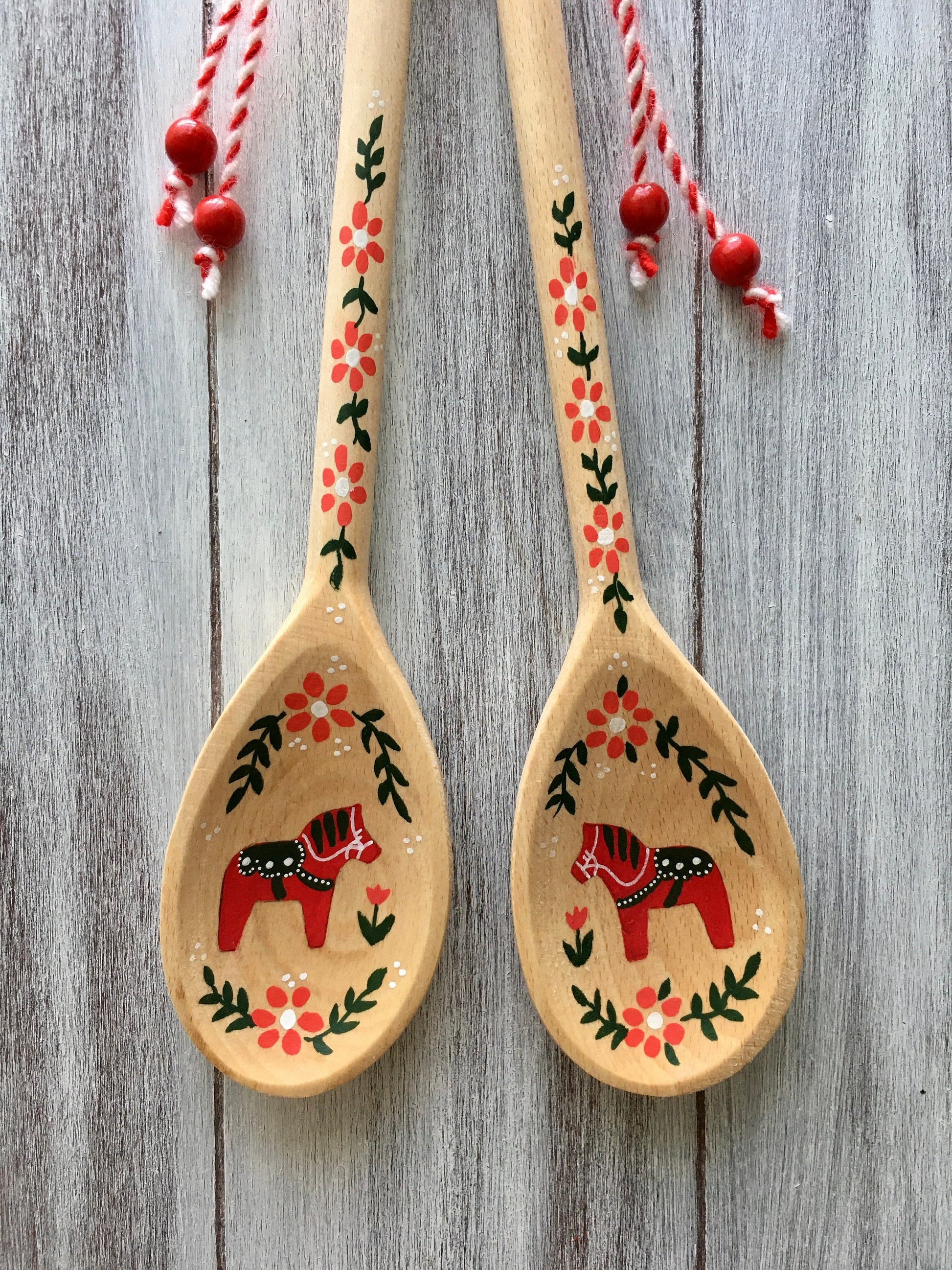 Swedish Kitchen Decor, Dala Horse, Swedish Gifts, Rosemaling, Scandinavian Decor, Swedish Kitchen, Wooden Spoons, Handmade Wood Decor