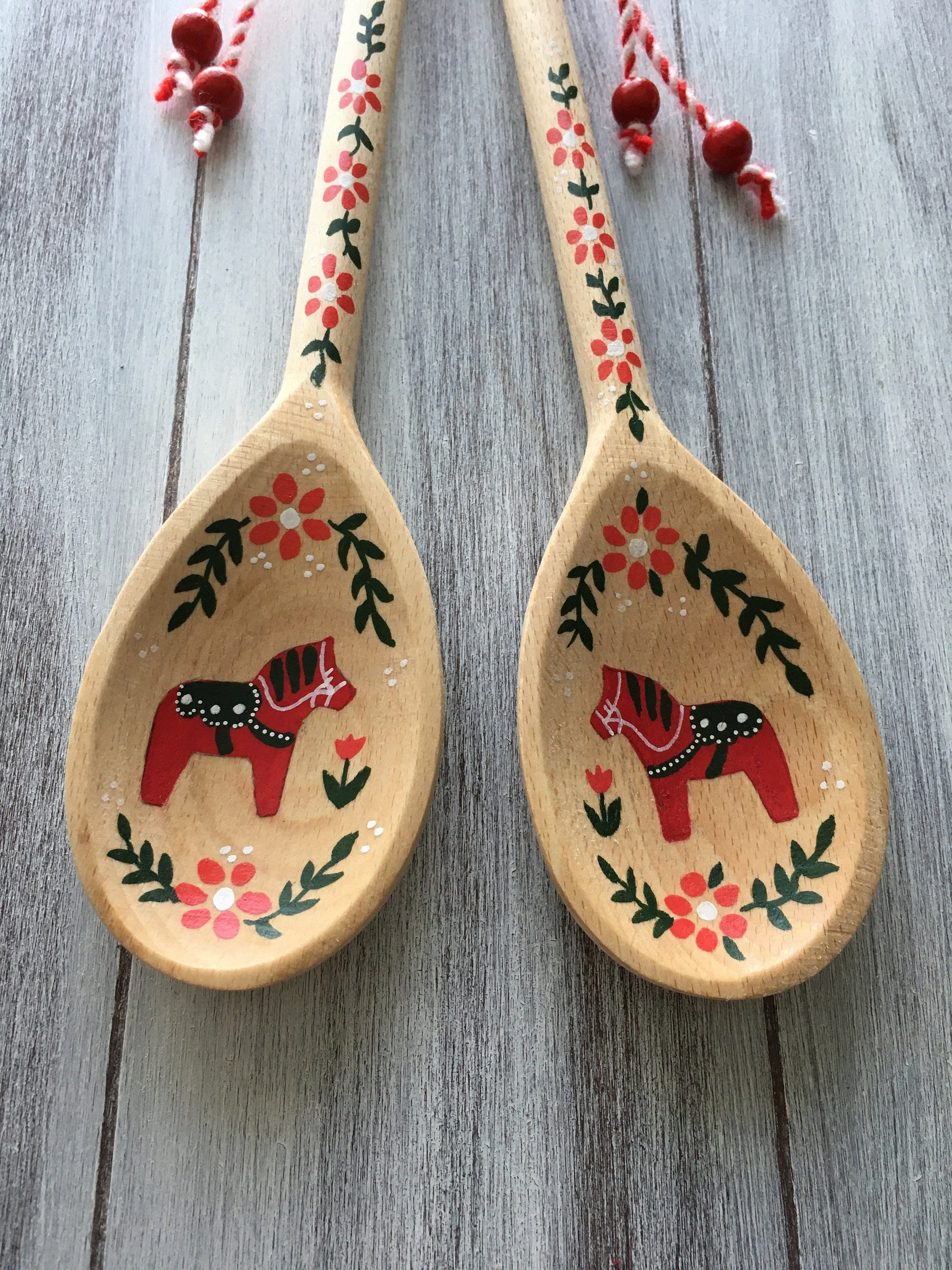 Swedish Kitchen Decor, Dala Horse, Swedish Gifts, Rosemaling, Scandinavian Decor, Swedish Kitchen, Wooden Spoons, Handmade Wood Decor