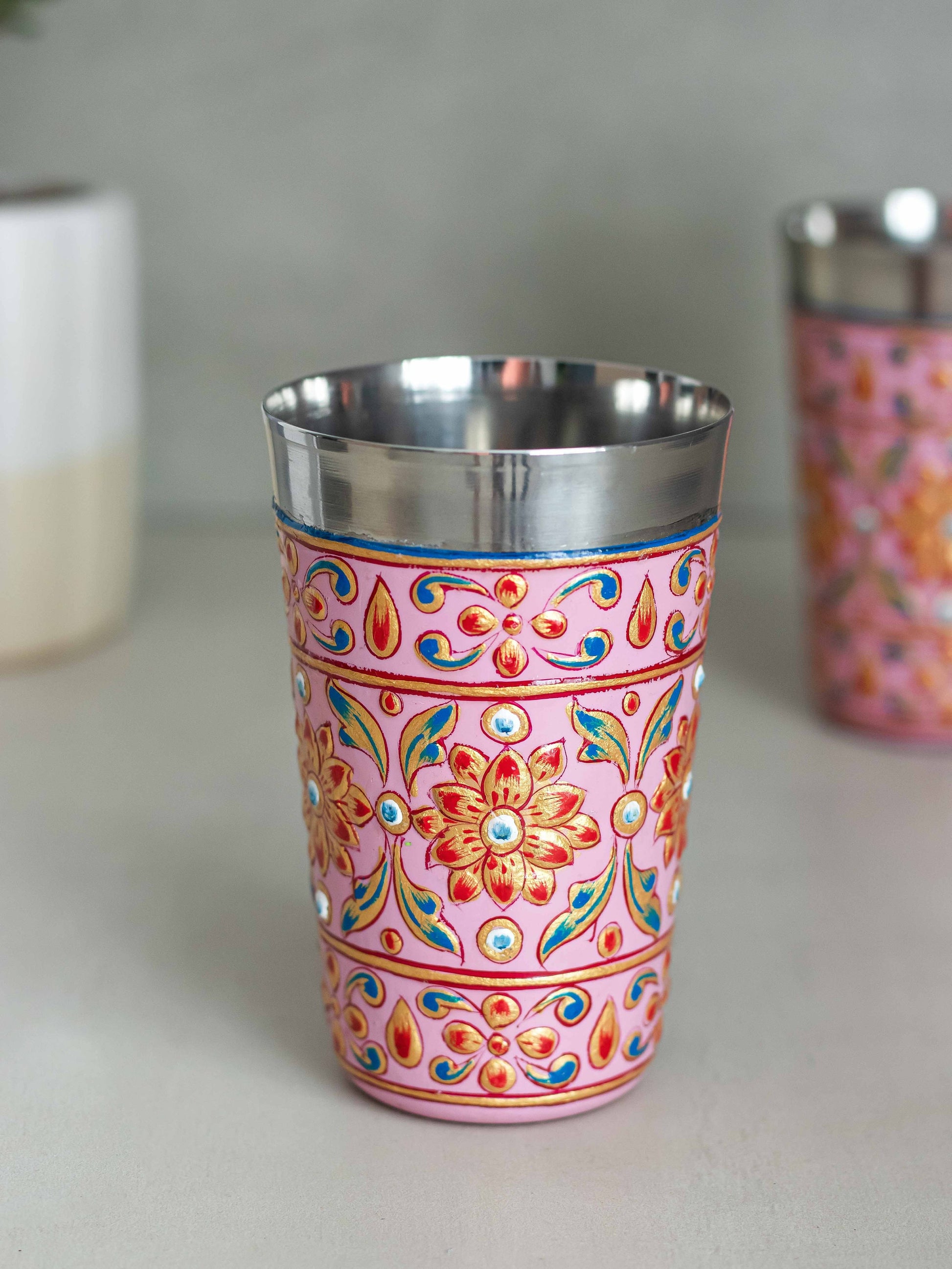 Stainless Steel Cups "Bhanga" / Enamel-Coated and Hand-Decorated Cups / Choose from Rose, Red or Blue / Diwali Gift