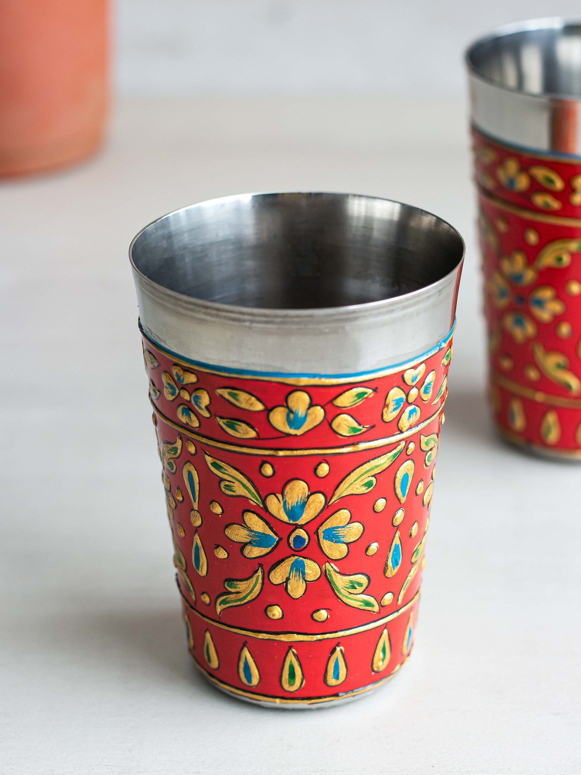 Stainless Steel Cups "Bhanga" / Enamel-Coated and Hand-Decorated Cups / Choose from Rose, Red or Blue / Diwali Gift