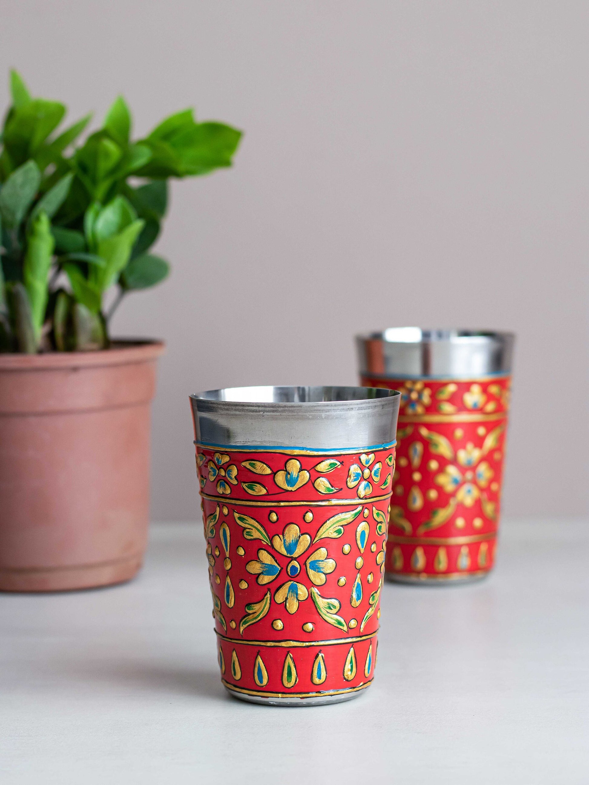 Stainless Steel Cups "Bhanga" / Enamel-Coated and Hand-Decorated Cups / Choose from Rose, Red or Blue / Diwali Gift