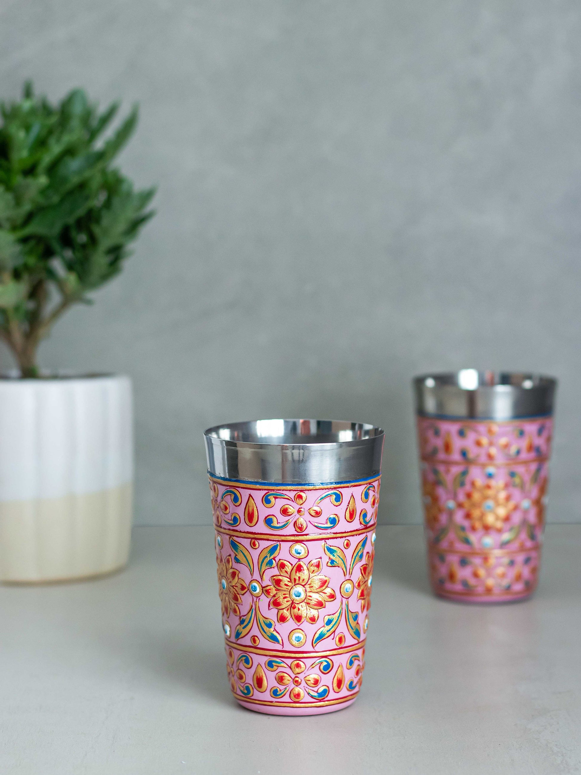 Stainless Steel Cups "Bhanga" / Enamel-Coated and Hand-Decorated Cups / Choose from Rose, Red or Blue / Diwali Gift