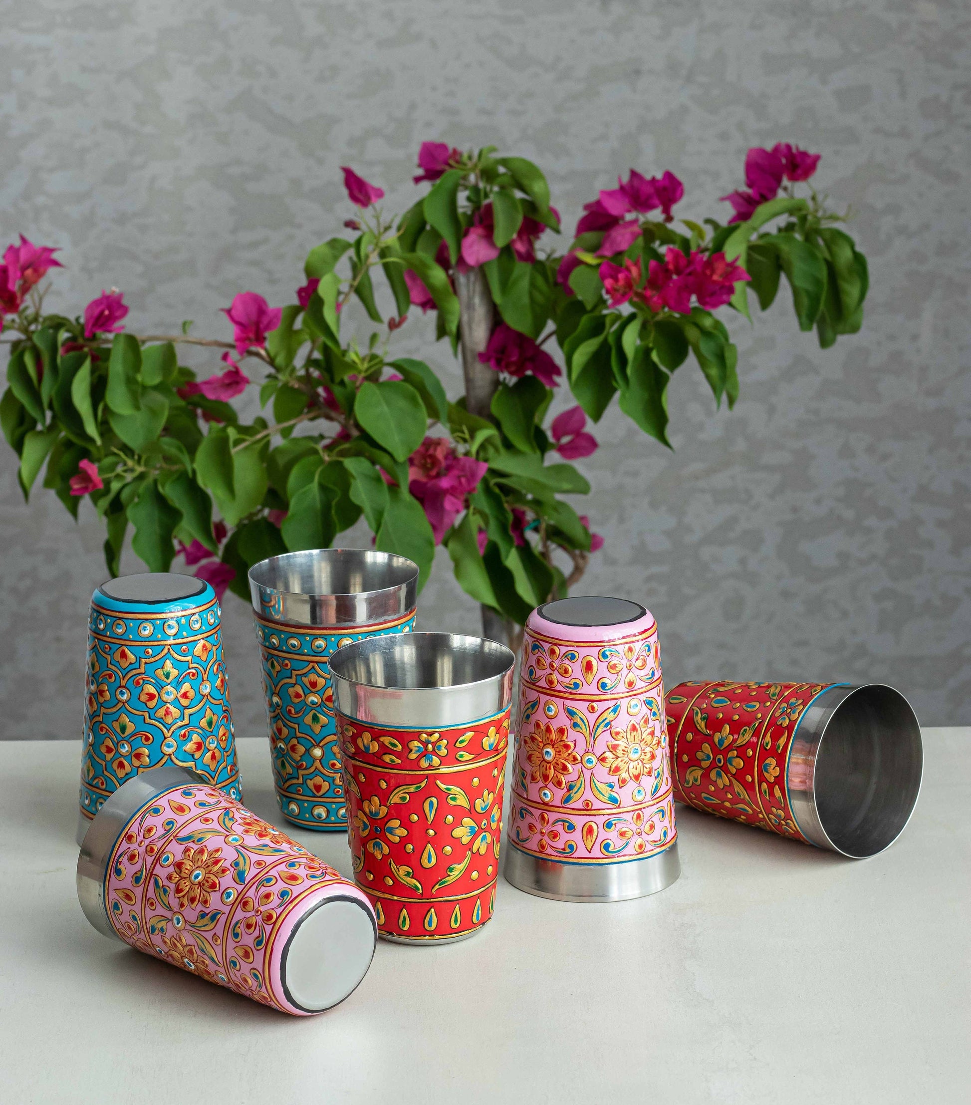 Stainless Steel Cups "Bhanga" / Enamel-Coated and Hand-Decorated Cups / Choose from Rose, Red or Blue / Diwali Gift