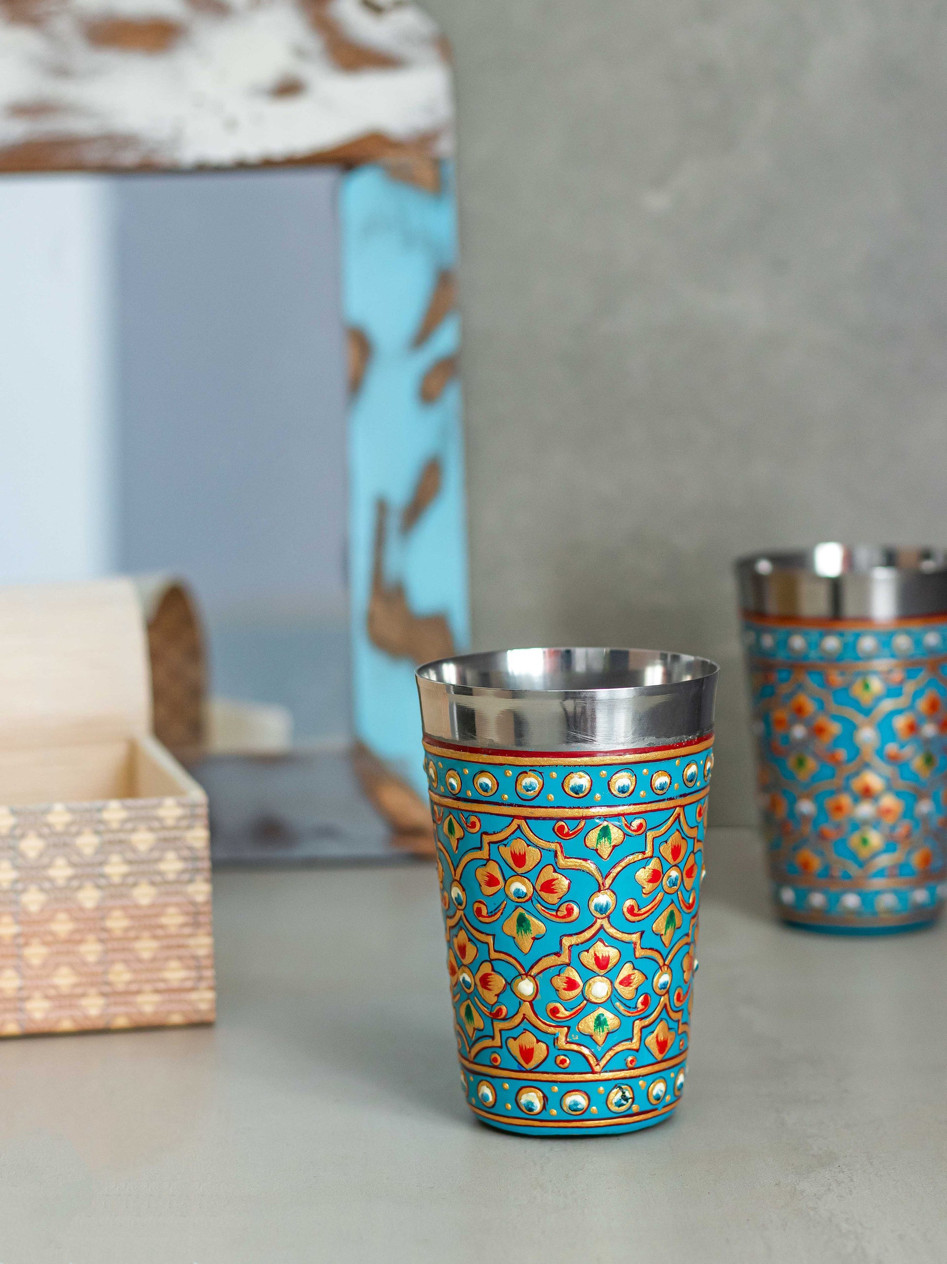Stainless Steel Cups "Bhanga" / Enamel-Coated and Hand-Decorated Cups / Choose from Rose, Red or Blue / Diwali Gift