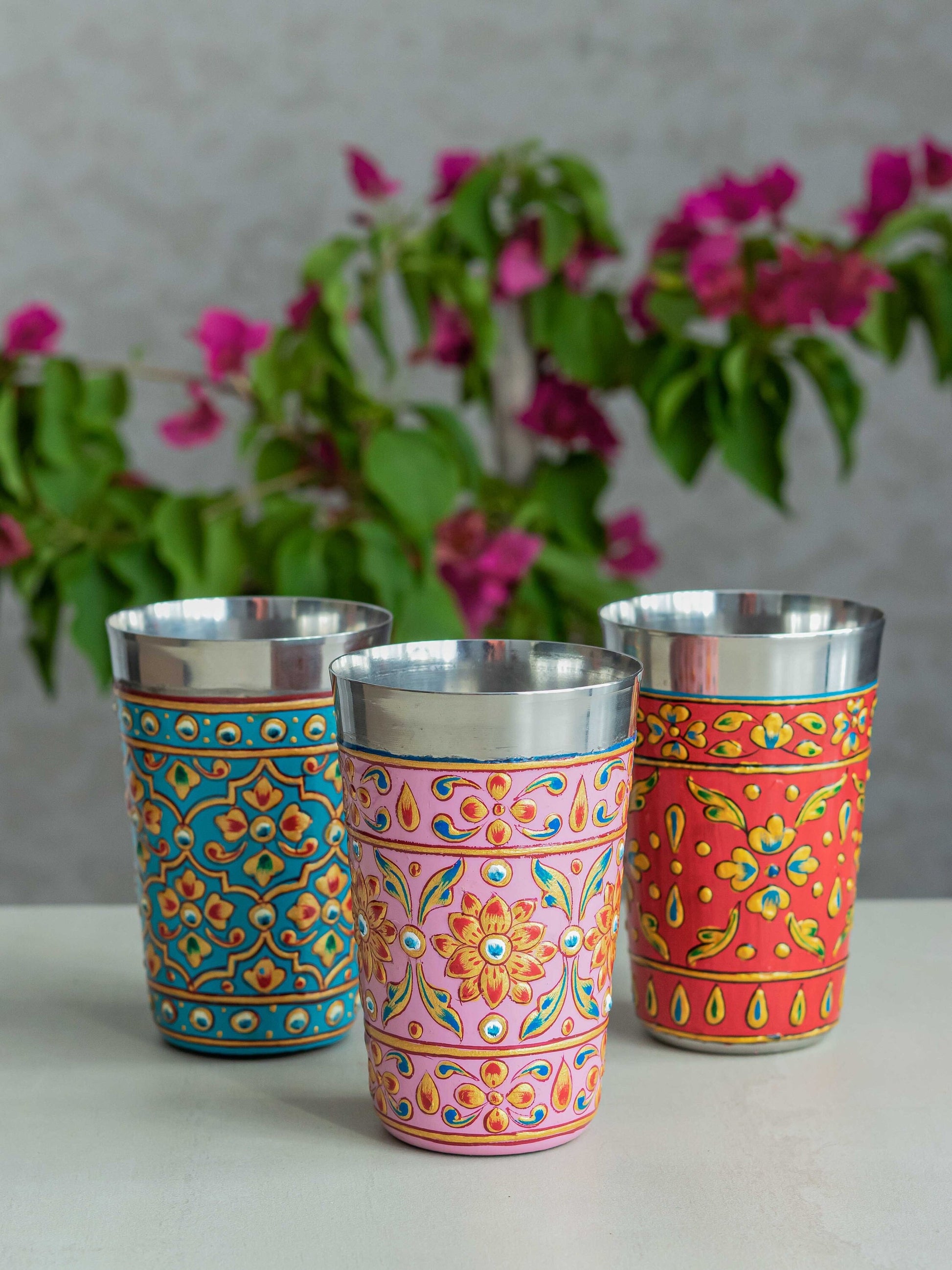 Stainless Steel Cups "Bhanga" / Enamel-Coated and Hand-Decorated Cups / Choose from Rose, Red or Blue / Diwali Gift