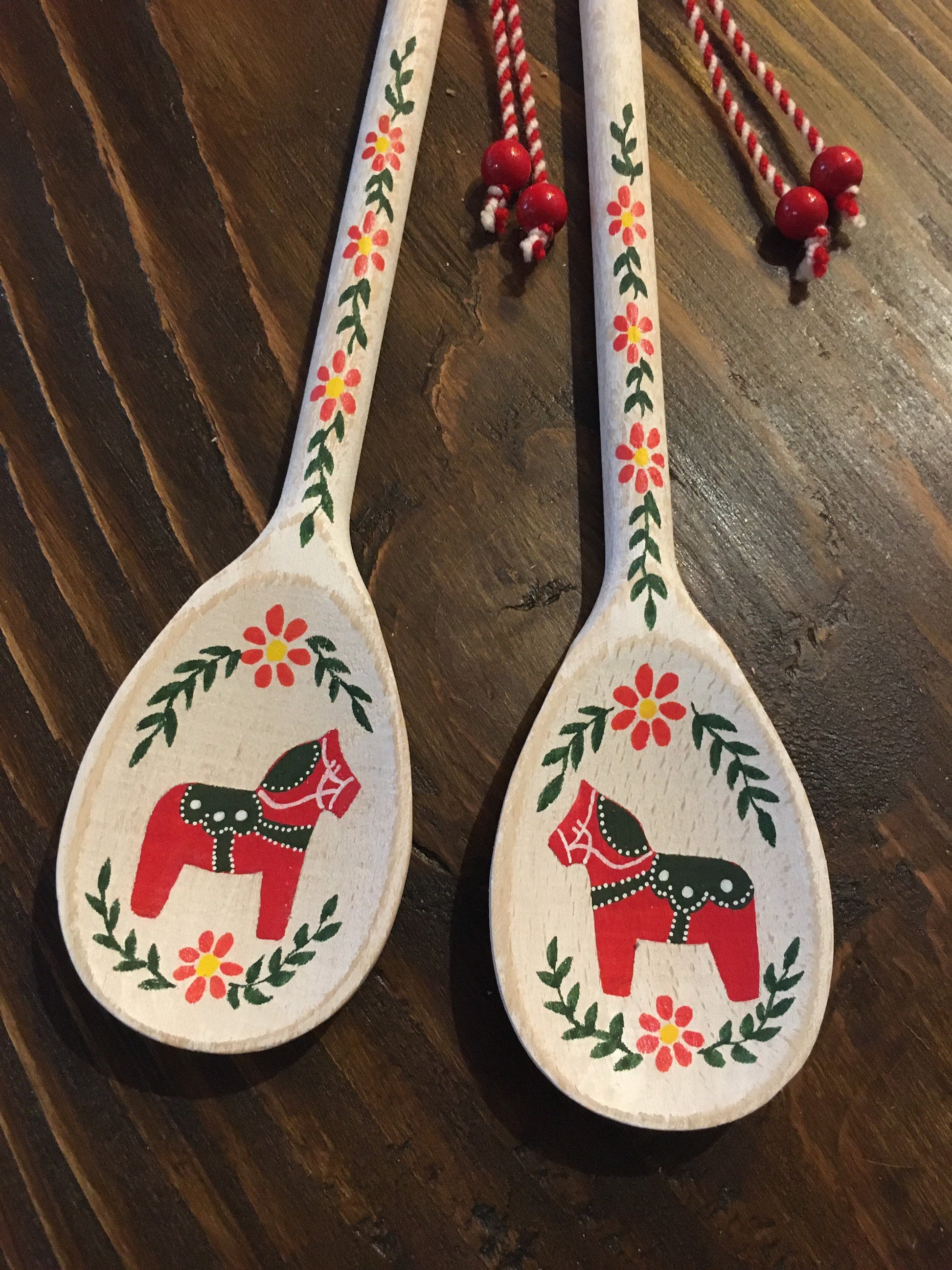 Swedish Kitchen Decor, Dala Horse, Swedish Gifts, Rosemaling, Scandinavian Decor, Swedish Kitchen, Wooden Spoons, Handmade Wood Decor