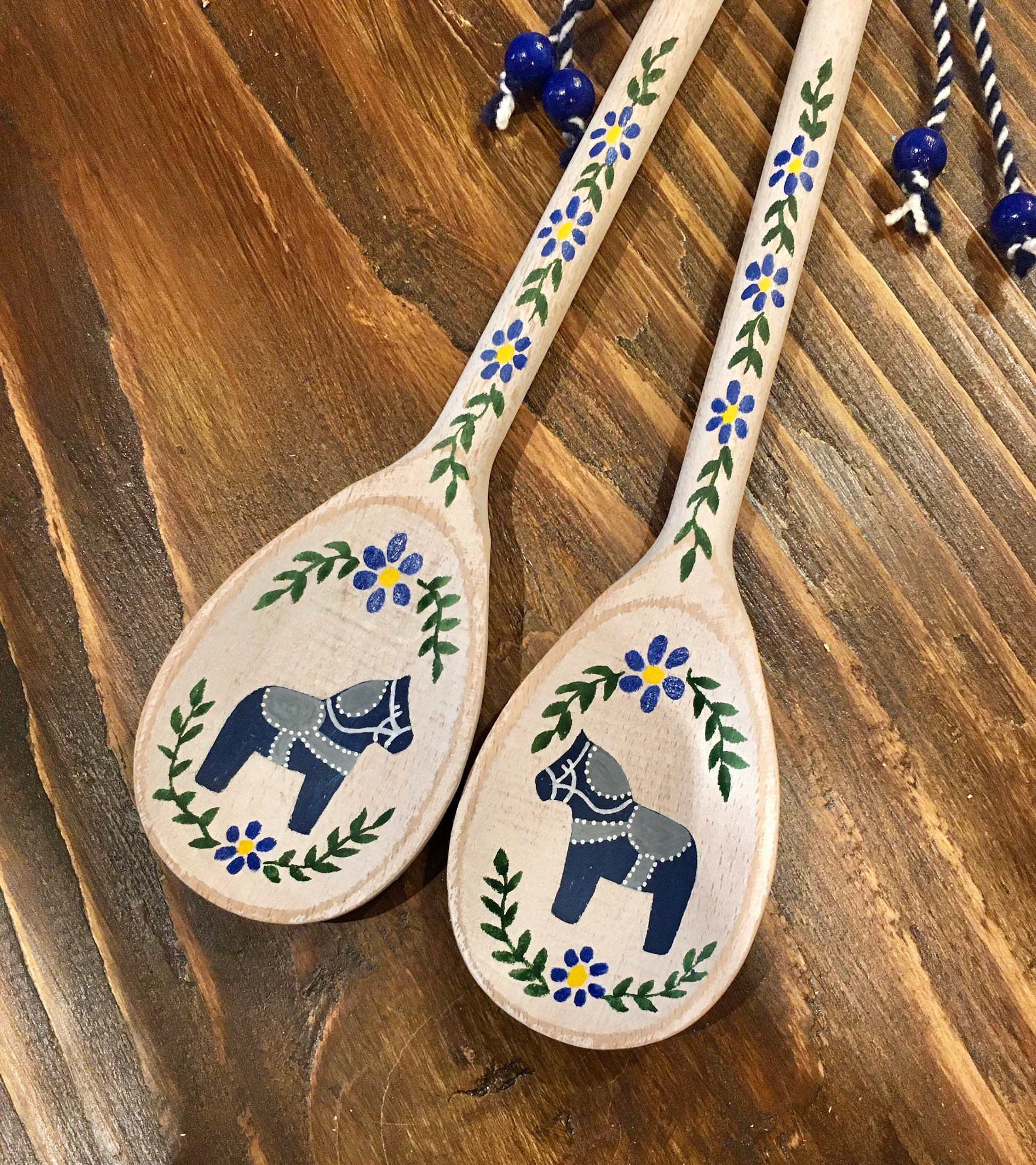 Swedish Kitchen Decor, Dala Horse, Swedish Gifts, Rosemaling, Scandinavian Decor, Swedish Kitchen, Wooden Spoons, Handmade Wood Decor