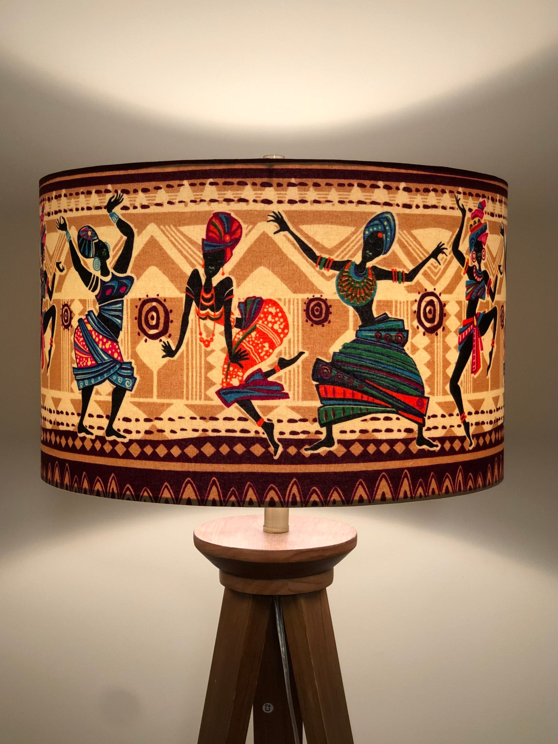 Large African Print Drum Lampshade, Custom Made to Order Lampshade, Tribal Print Lampshade, Dancing Women Print Lampshade, Bedside Lamp