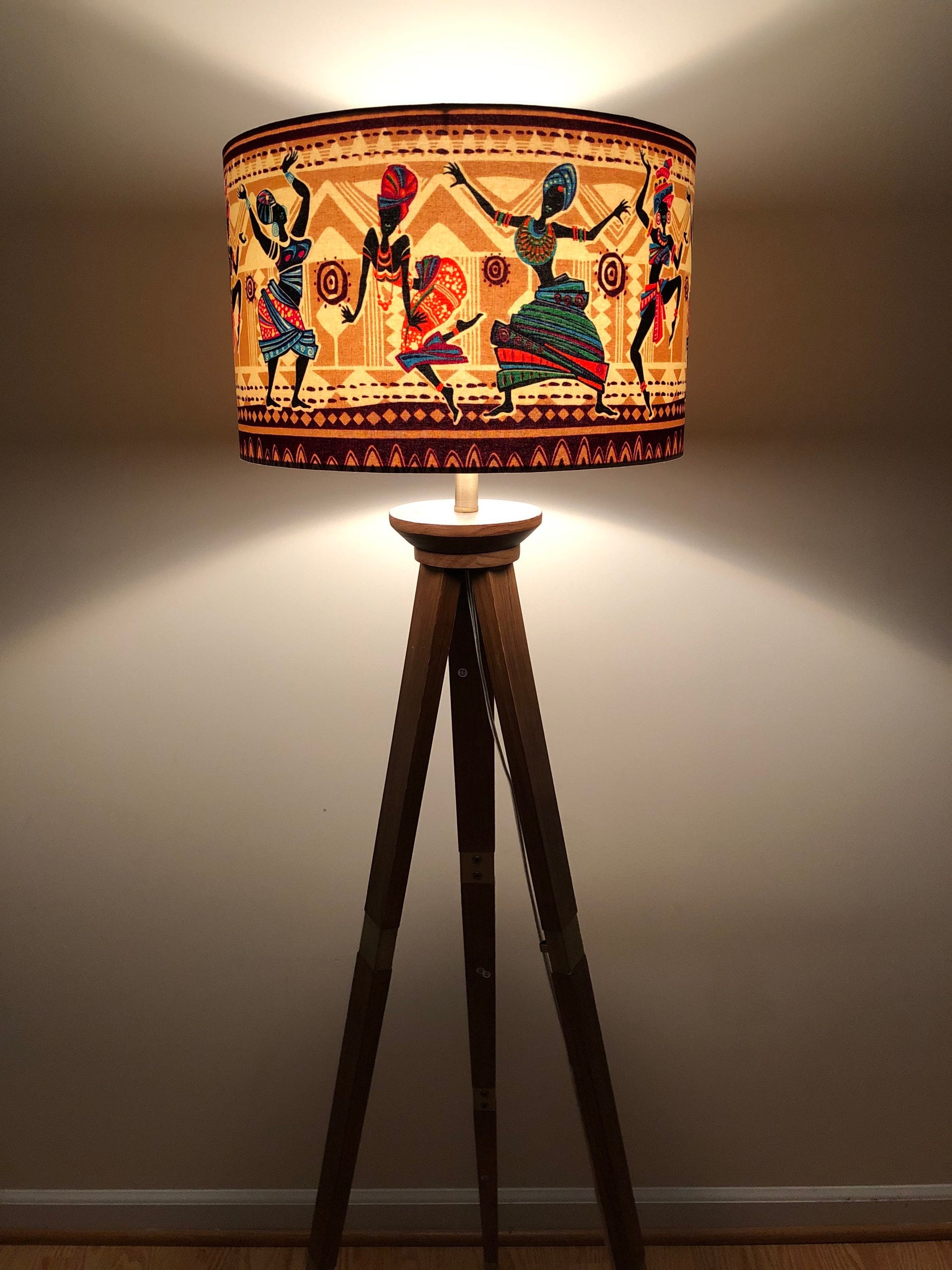 Large African Print Drum Lampshade, Custom Made to Order Lampshade, Tribal Print Lampshade, Dancing Women Print Lampshade, Bedside Lamp