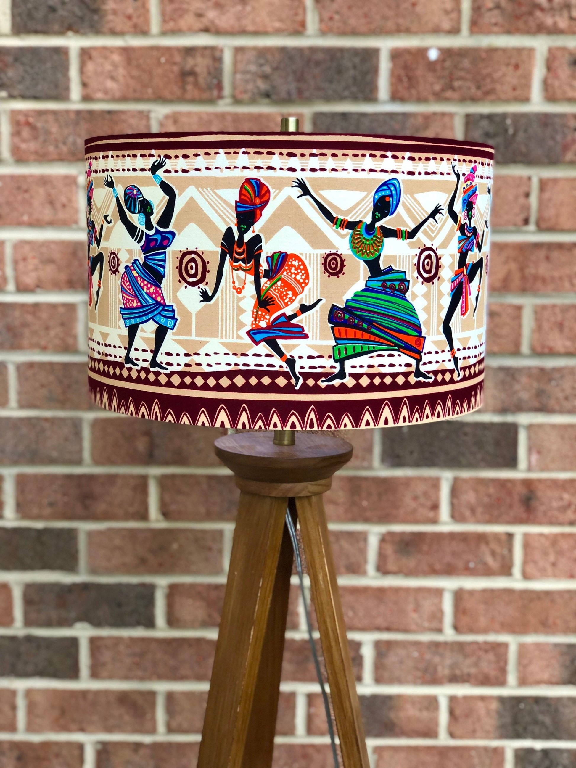 Large African Print Drum Lampshade, Custom Made to Order Lampshade, Tribal Print Lampshade, Dancing Women Print Lampshade, Bedside Lamp