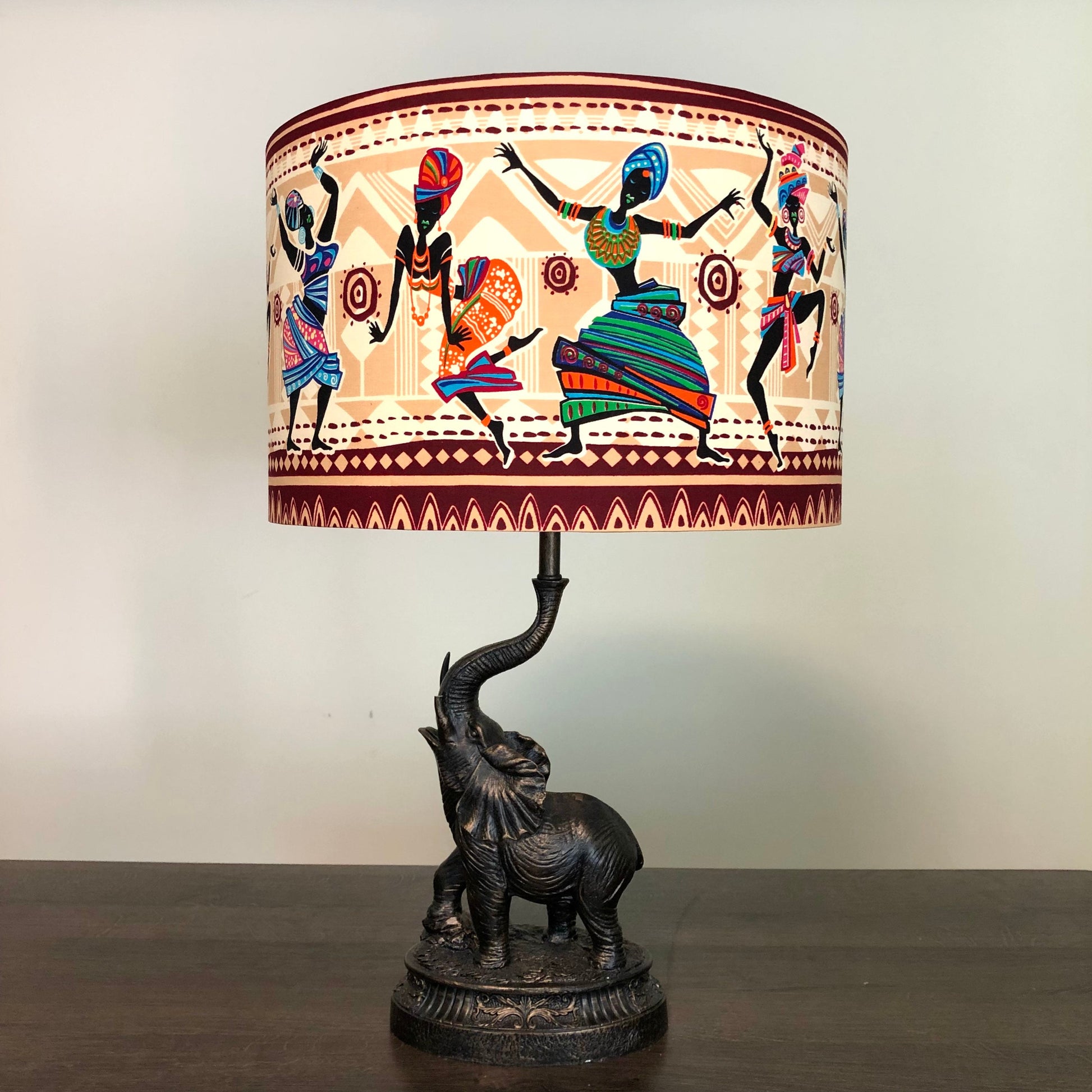 Large African Print Drum Lampshade, Custom Made to Order Lampshade, Tribal Print Lampshade, Dancing Women Print Lampshade, Bedside Lamp