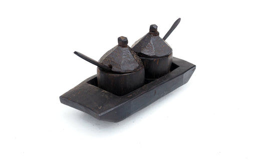 Vintage African Tribal Art Condiment Cruet Serving Set - Carved Wooden Folk Art - Unique Gift - African round Hut - Boho Cabin Home Decor