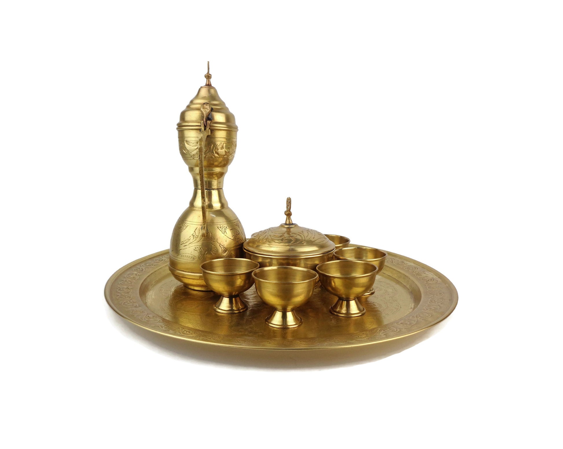 Antique Brass Coffee Set with Tray, Vintage Arabic Coffee Set, Engraved Moroccan Set with Tray and Pot