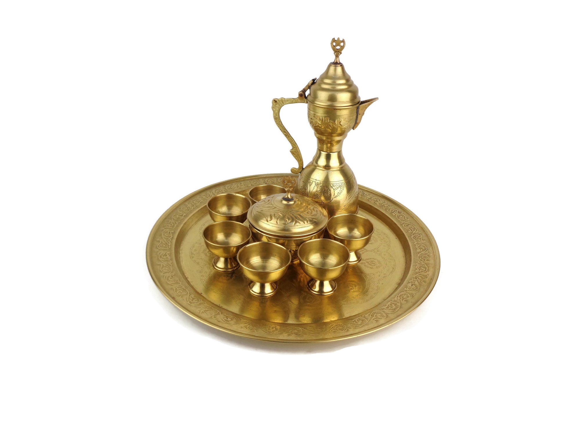 Antique Brass Coffee Set with Tray, Vintage Arabic Coffee Set, Engraved Moroccan Set with Tray and Pot