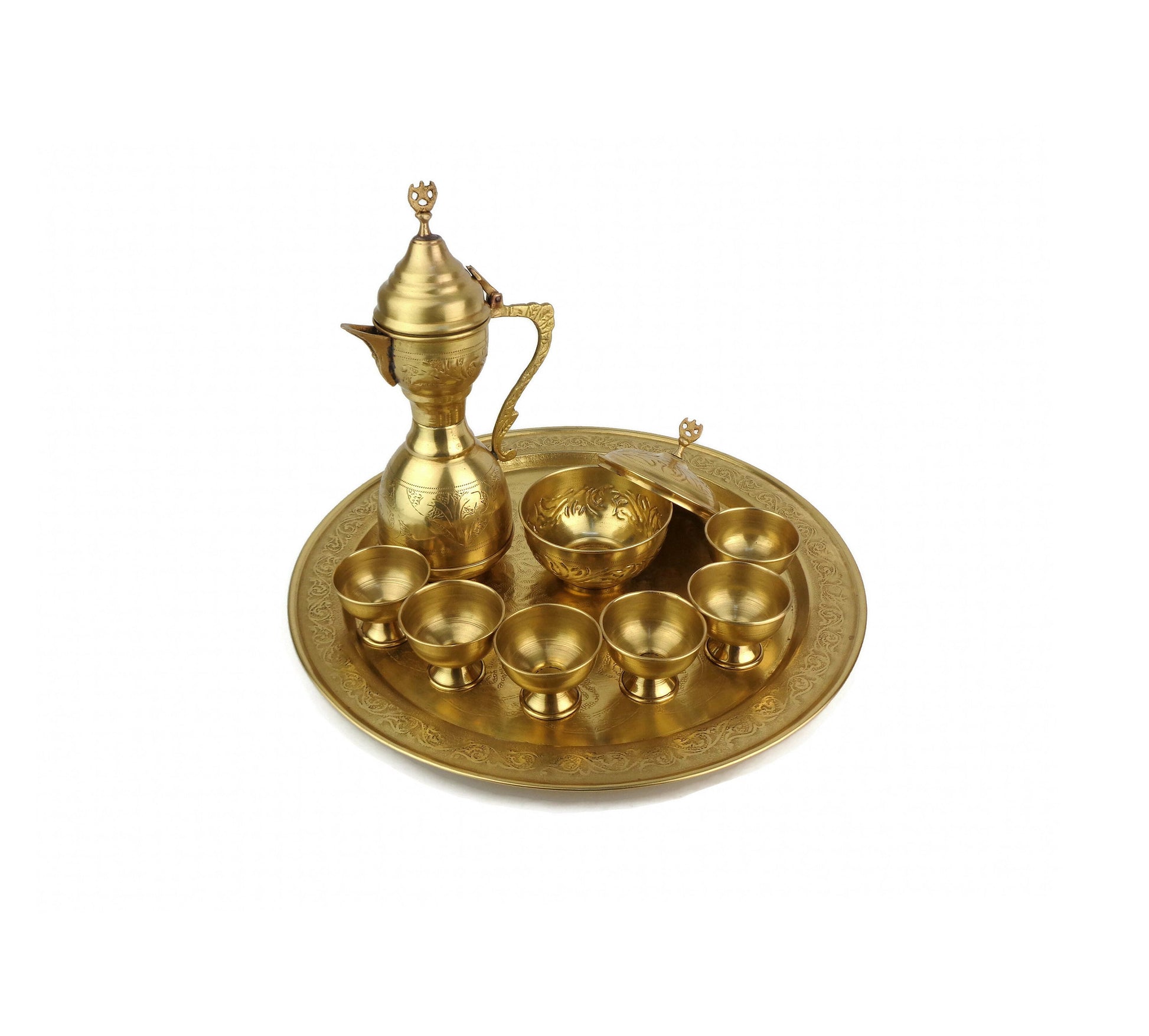 Antique Brass Coffee Set with Tray, Vintage Arabic Coffee Set, Engraved Moroccan Set with Tray and Pot