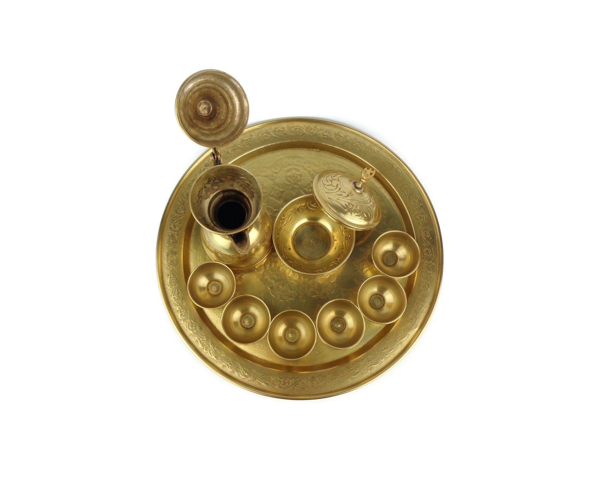 Antique Brass Coffee Set with Tray, Vintage Arabic Coffee Set, Engraved Moroccan Set with Tray and Pot