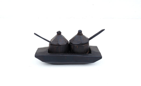 Vintage African Tribal Art Condiment Cruet Serving Set - Carved Wooden Folk Art - Unique Gift - African round Hut - Boho Cabin Home Decor