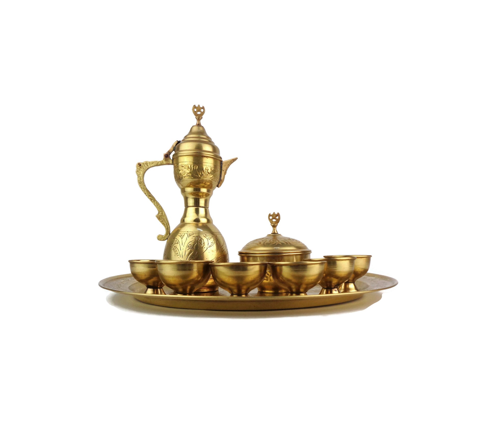 Antique Brass Coffee Set with Tray, Vintage Arabic Coffee Set, Engraved Moroccan Set with Tray and Pot