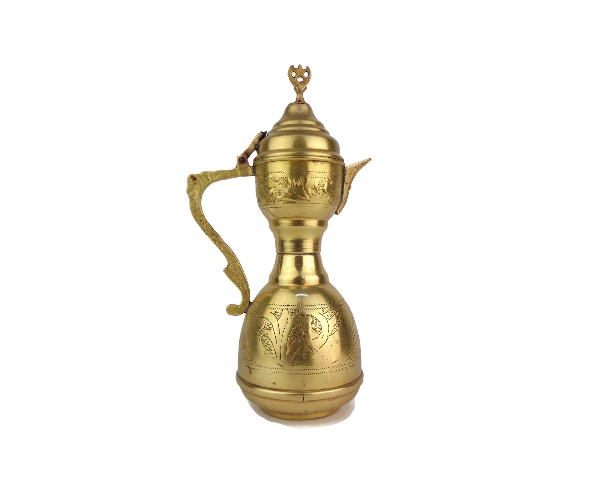 Antique Brass Coffee Set with Tray, Vintage Arabic Coffee Set, Engraved Moroccan Set with Tray and Pot