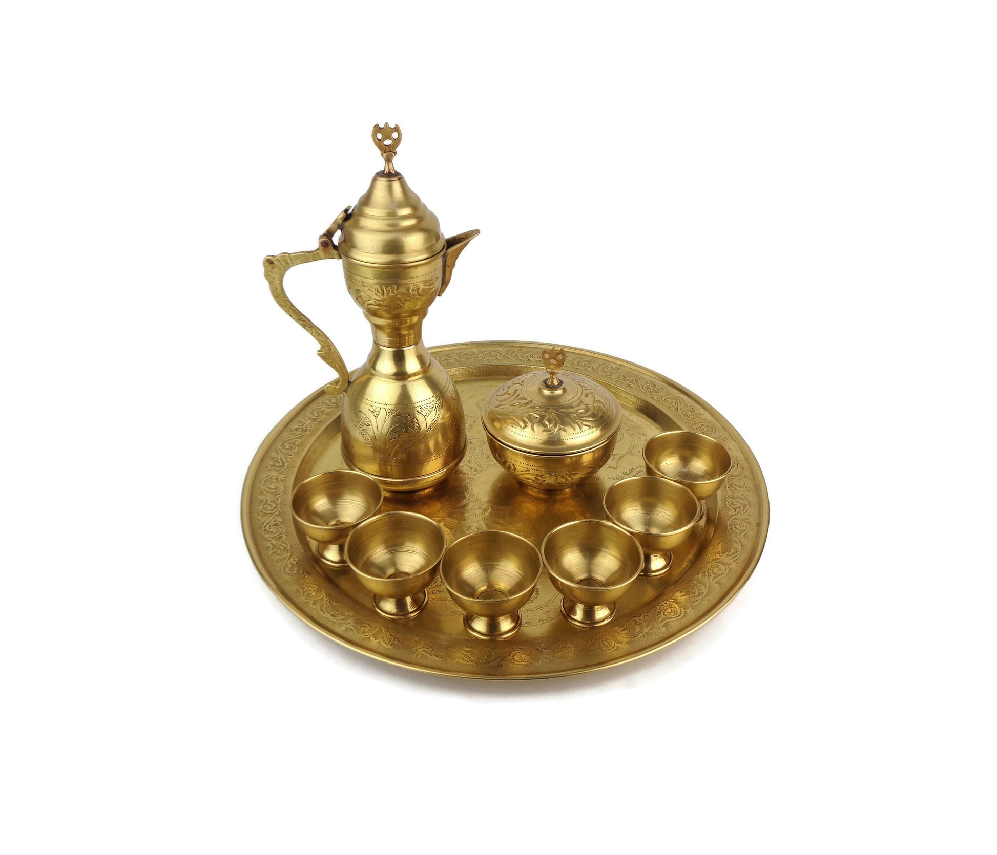 Antique Brass Coffee Set with Tray, Vintage Arabic Coffee Set, Engraved Moroccan Set with Tray and Pot
