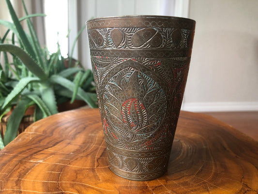 Boho India Brass Floral Print Engraved Tall Cup Vase Jar Home Decor 1990S 90S Vintage Pot Decorative Bohemian Painted Peacock Eye Feather