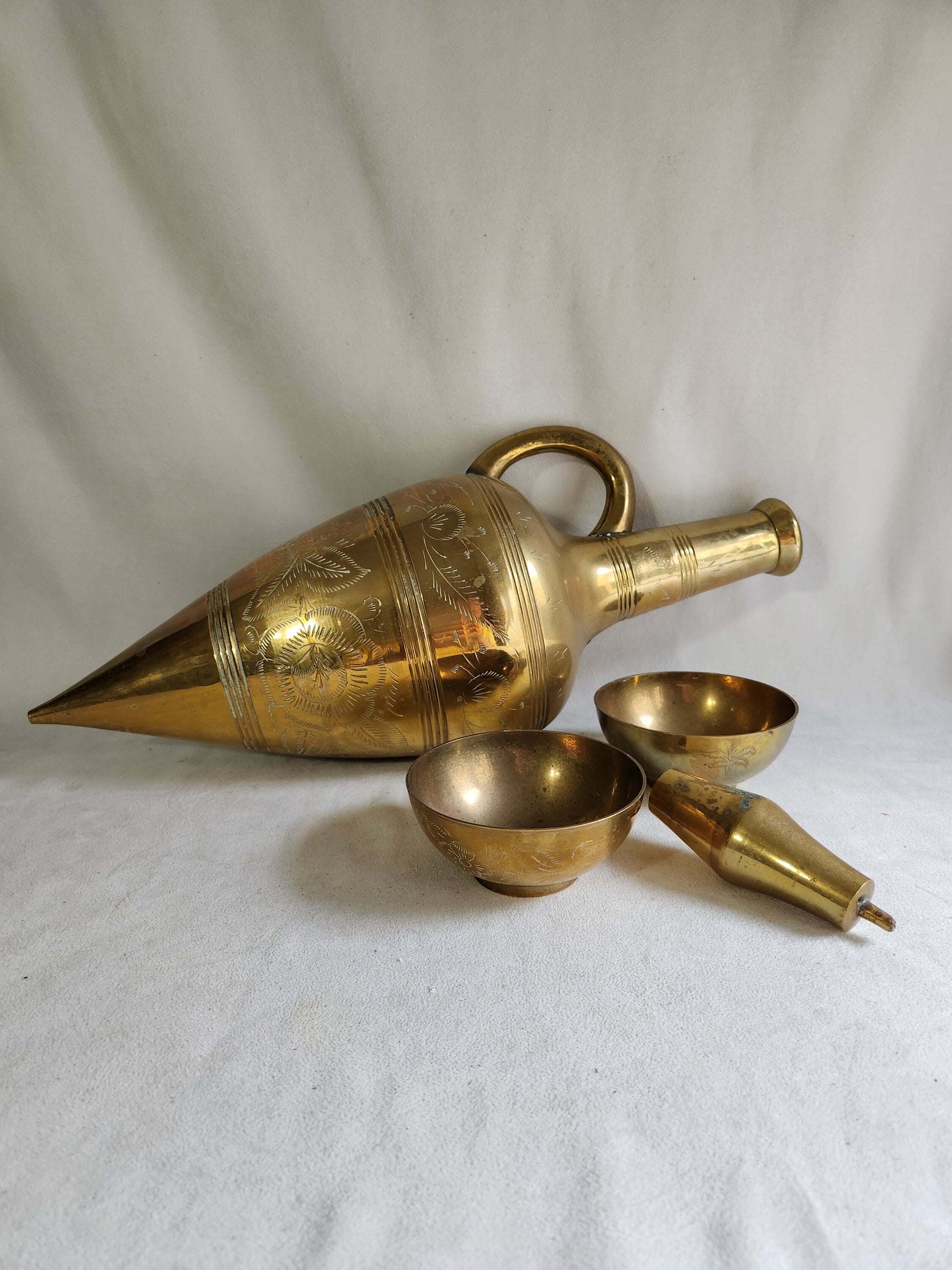 Wonderful Large 23 Inch Hand Crafted Saudi Arabian Amphora Etched Brass Pitcher Set