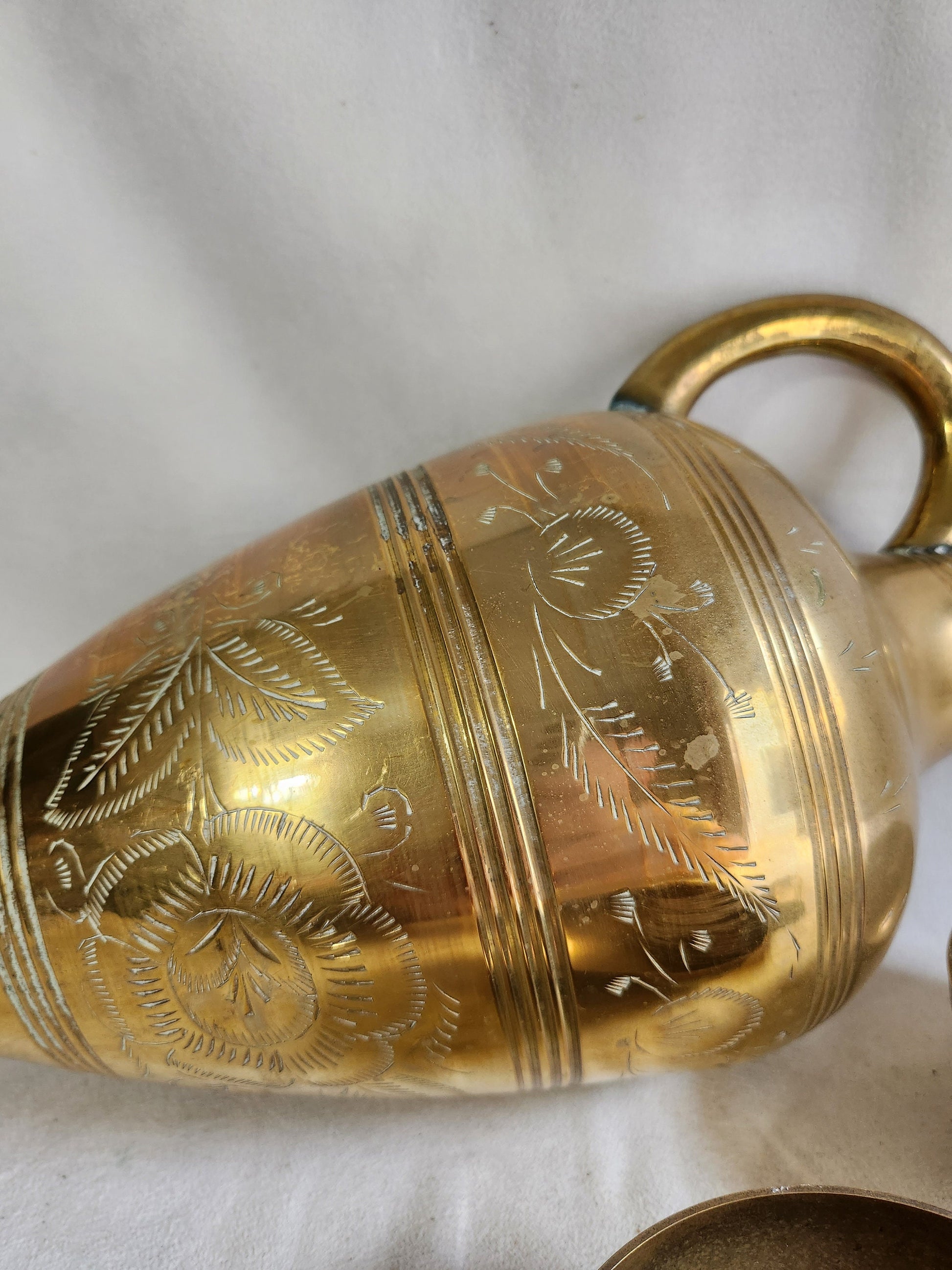 Wonderful Large 23 Inch Hand Crafted Saudi Arabian Amphora Etched Brass Pitcher Set