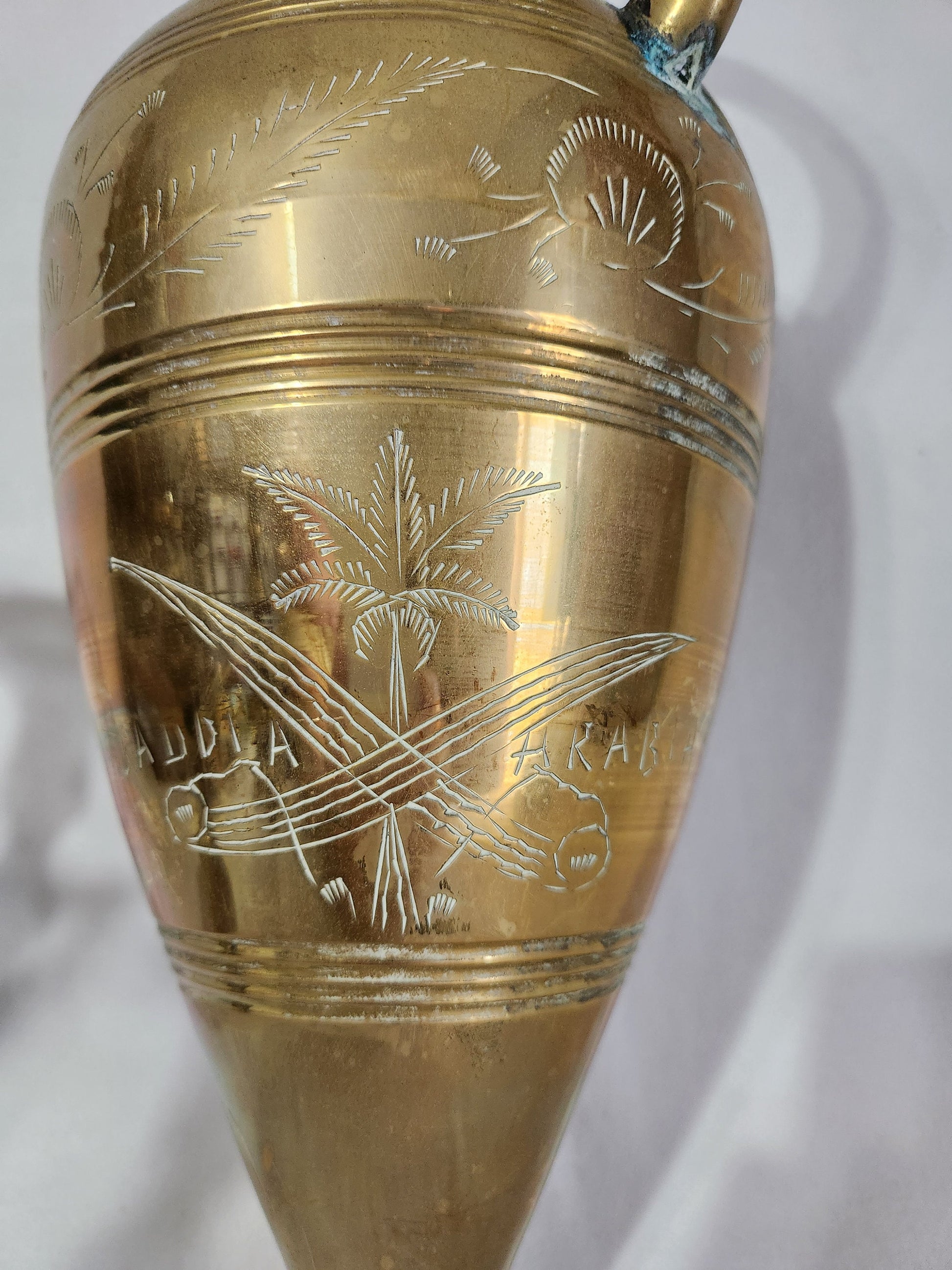 Wonderful Large 23 Inch Hand Crafted Saudi Arabian Amphora Etched Brass Pitcher Set