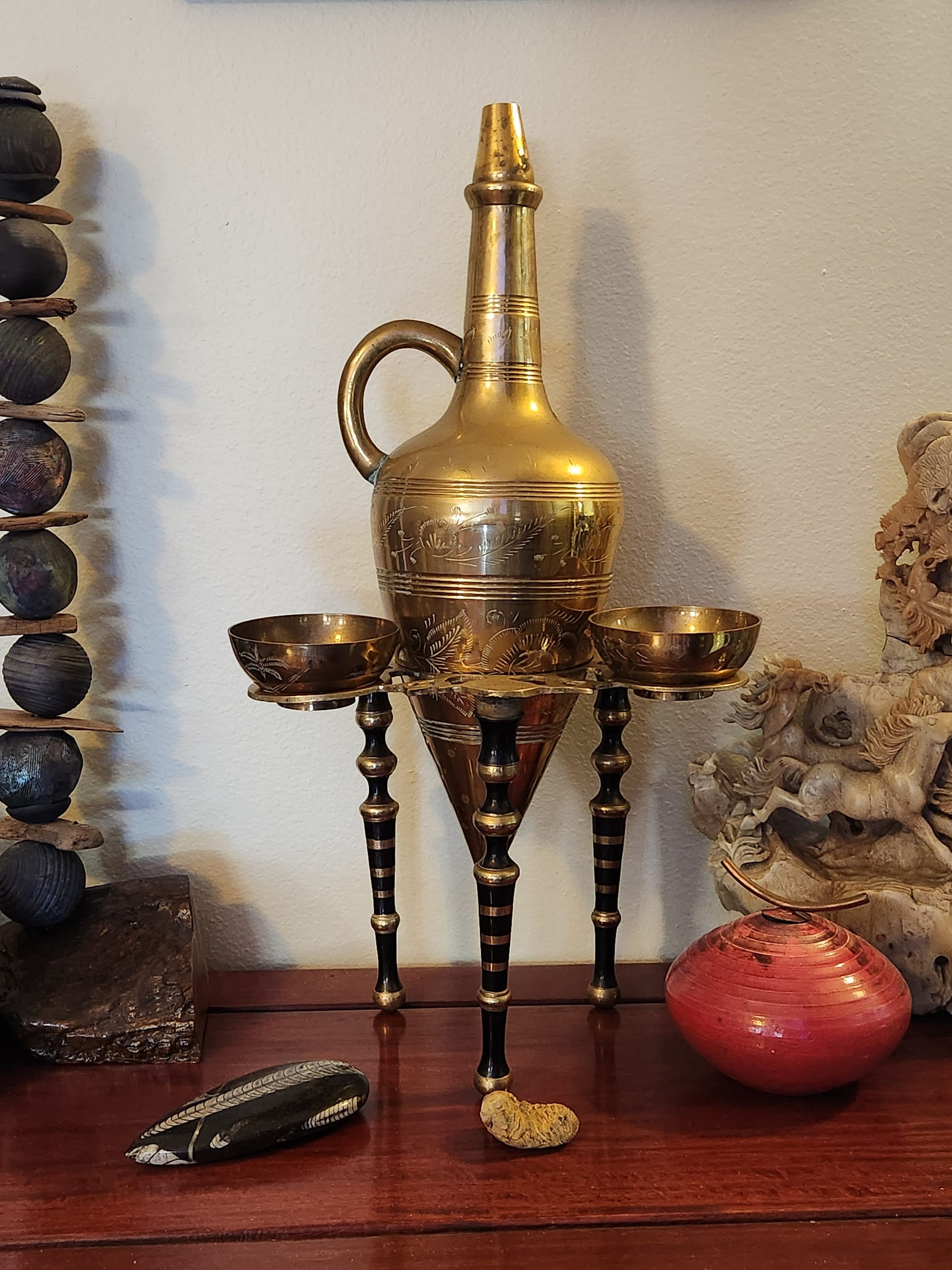 Wonderful Large 23 Inch Hand Crafted Saudi Arabian Amphora Etched Brass Pitcher Set