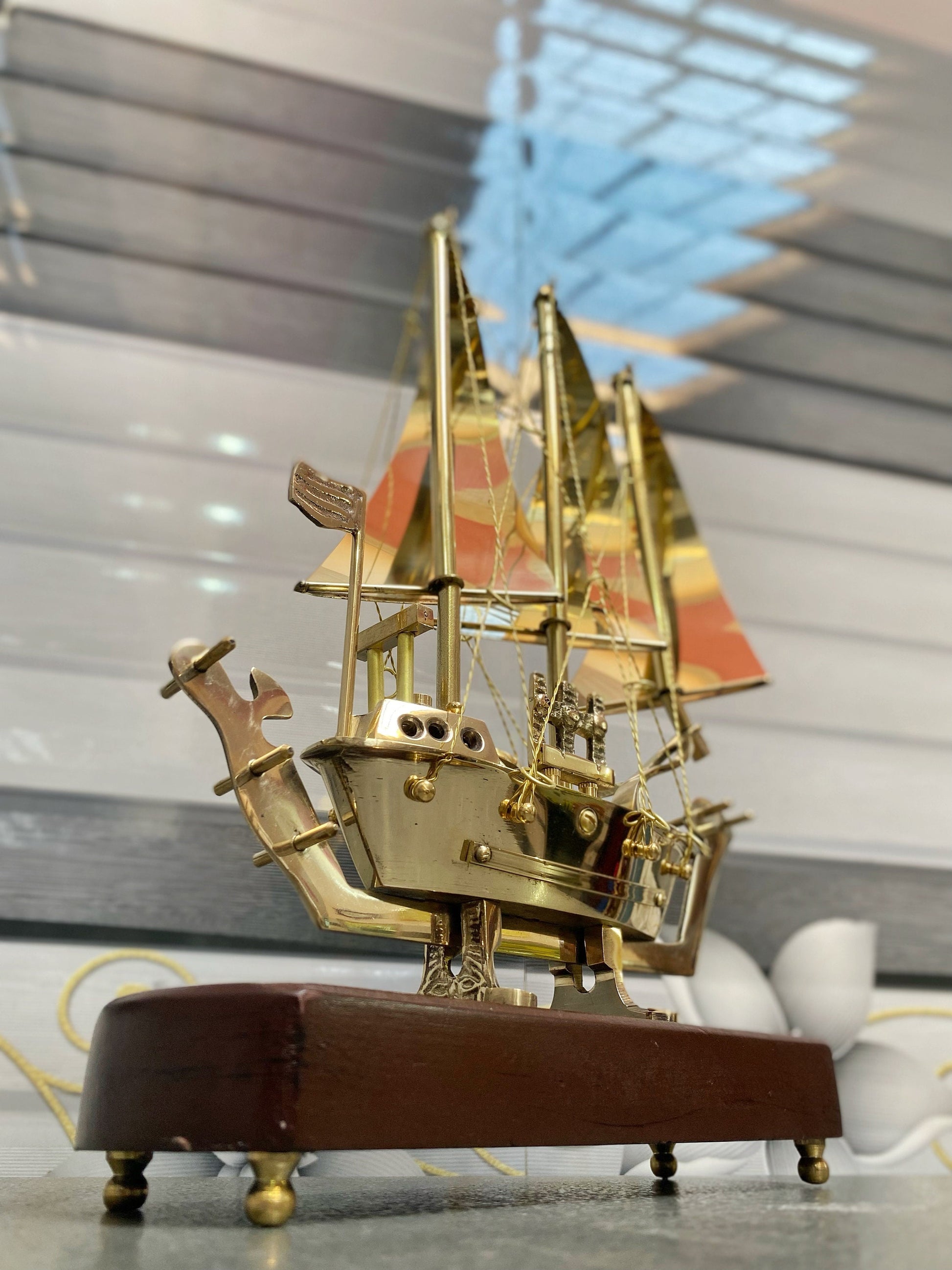 Brass Ship Decorative Showpiece I with Wooden Base I Fully Brass Maritime Majesty: Handcrafted Ship I Home Decor, Christmas Gift,