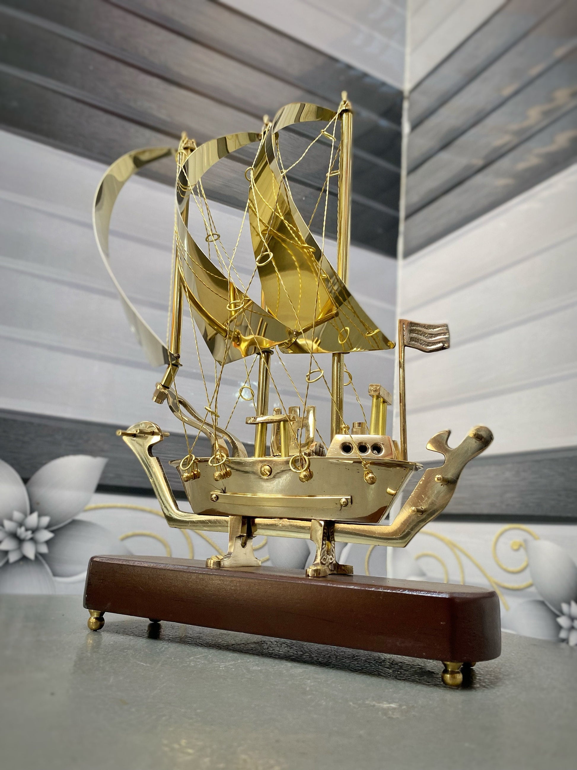 Brass Ship Decorative Showpiece I with Wooden Base I Fully Brass Maritime Majesty: Handcrafted Ship I Home Decor, Christmas Gift,