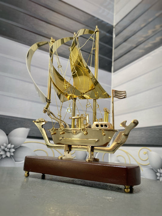 Brass Ship Decorative Showpiece I with Wooden Base I Fully Brass Maritime Majesty: Handcrafted Ship I Home Decor, Christmas Gift,