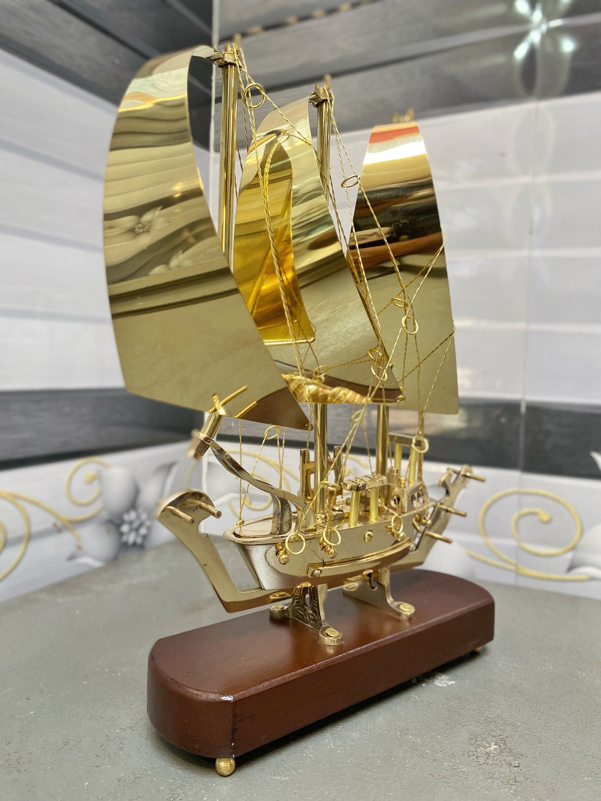 Brass Ship Decorative Showpiece I with Wooden Base I Fully Brass Maritime Majesty: Handcrafted Ship I Home Decor, Christmas Gift,