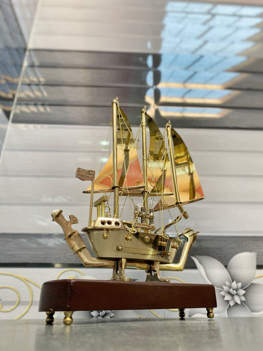Brass Ship Decorative Showpiece I with Wooden Base I Fully Brass Maritime Majesty: Handcrafted Ship I Home Decor, Christmas Gift,